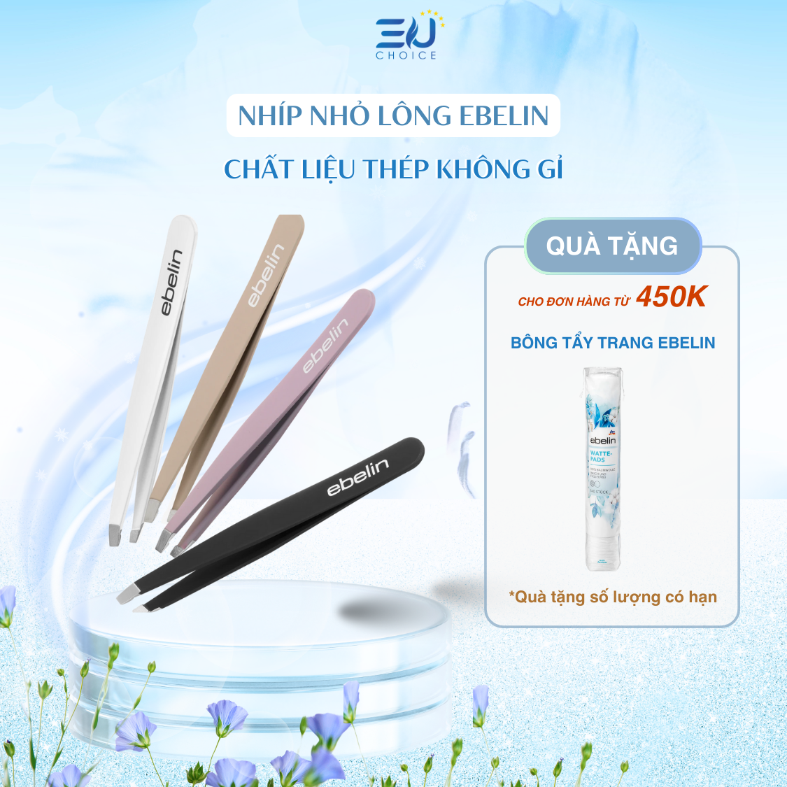 Nhíp nhổ lông cao cấp Ebelin nhập khẩu Đức, nhíp nhổ lông, râu chất liệu 100% thép không gỉ, nhỏ gọn, tiện lợi, siêu bén