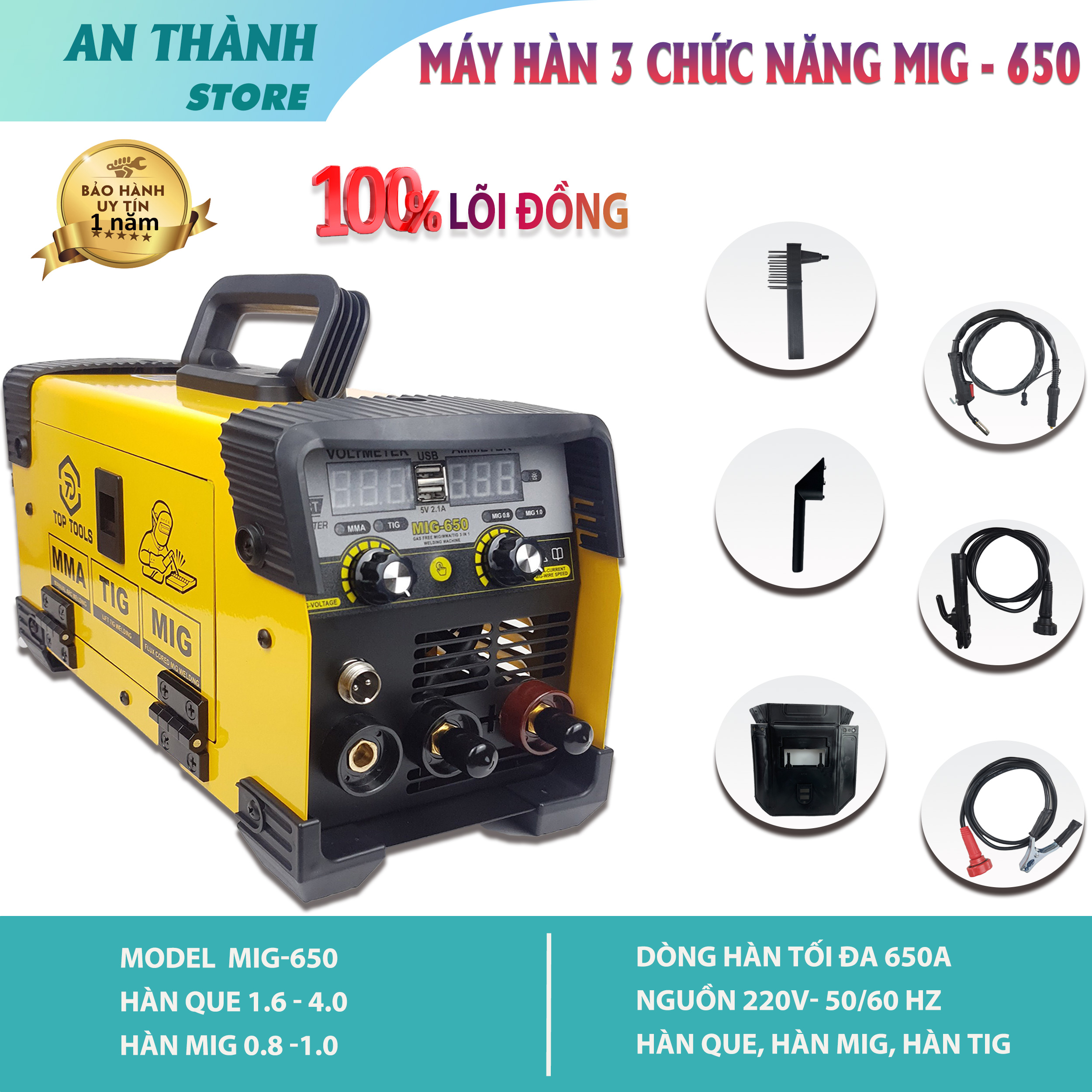 Máy hàn điện tử mig -650, Máy hàn 3 chức năng: Hàn Que, Hàn TIG, Hàn MIG, Máy Hàn Đa Năng Với Nhiều Chế Độ Hàn, Tặng cuộn dây hàn(Trong bộ phụ kiện không kèm theo dây hàn TIG)