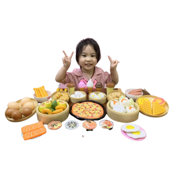Bộ đồ chơi nhà bếp, Đồ chơi bánh bao, Bộ đồ chơi nấu ăn 84 chi tiết - Bánh bao , dimsum , há cảo , pizza đầy đủ phụ kiện làm bếp