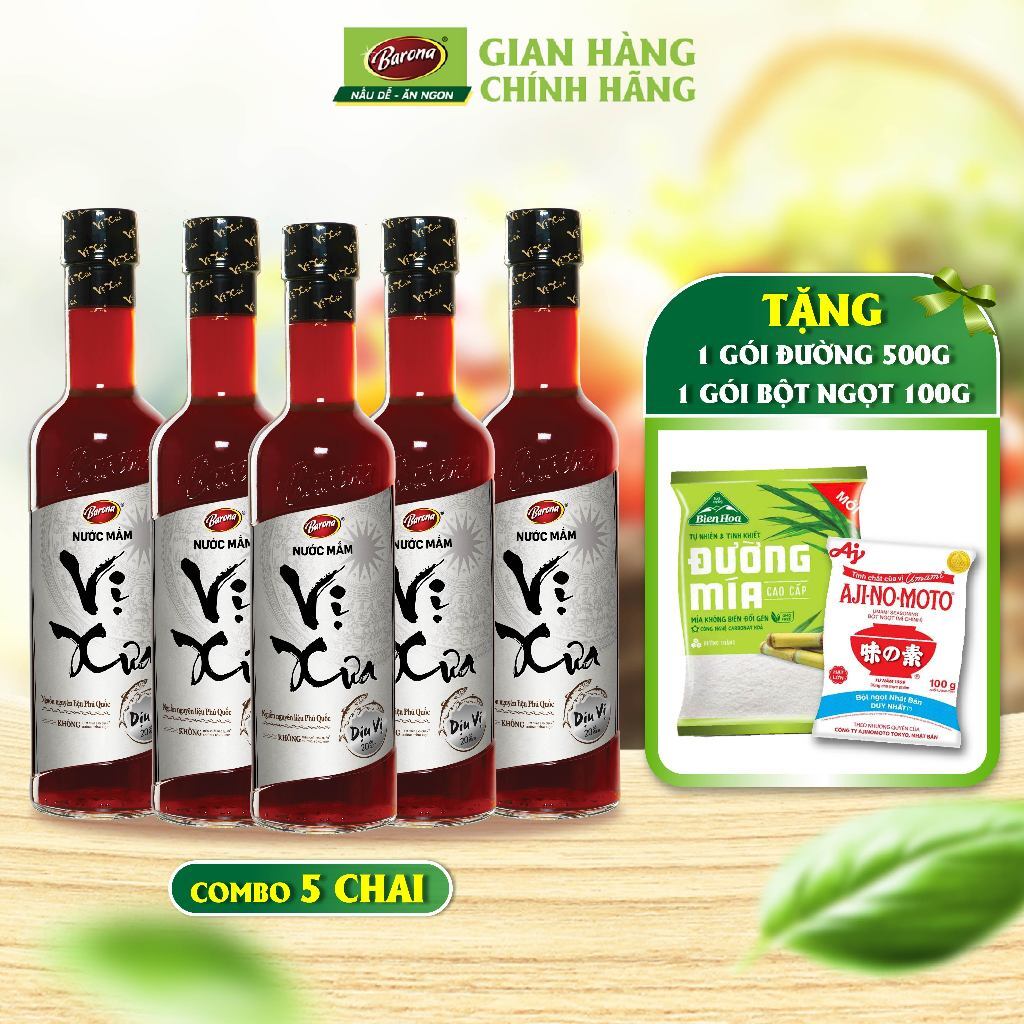Combo 5 chai Nước Mắm Phú Quốc Cao Cấp Vị Xưa Barona 20 độ đạm 500ml, tặng 500g đường và 100g bột ngọt