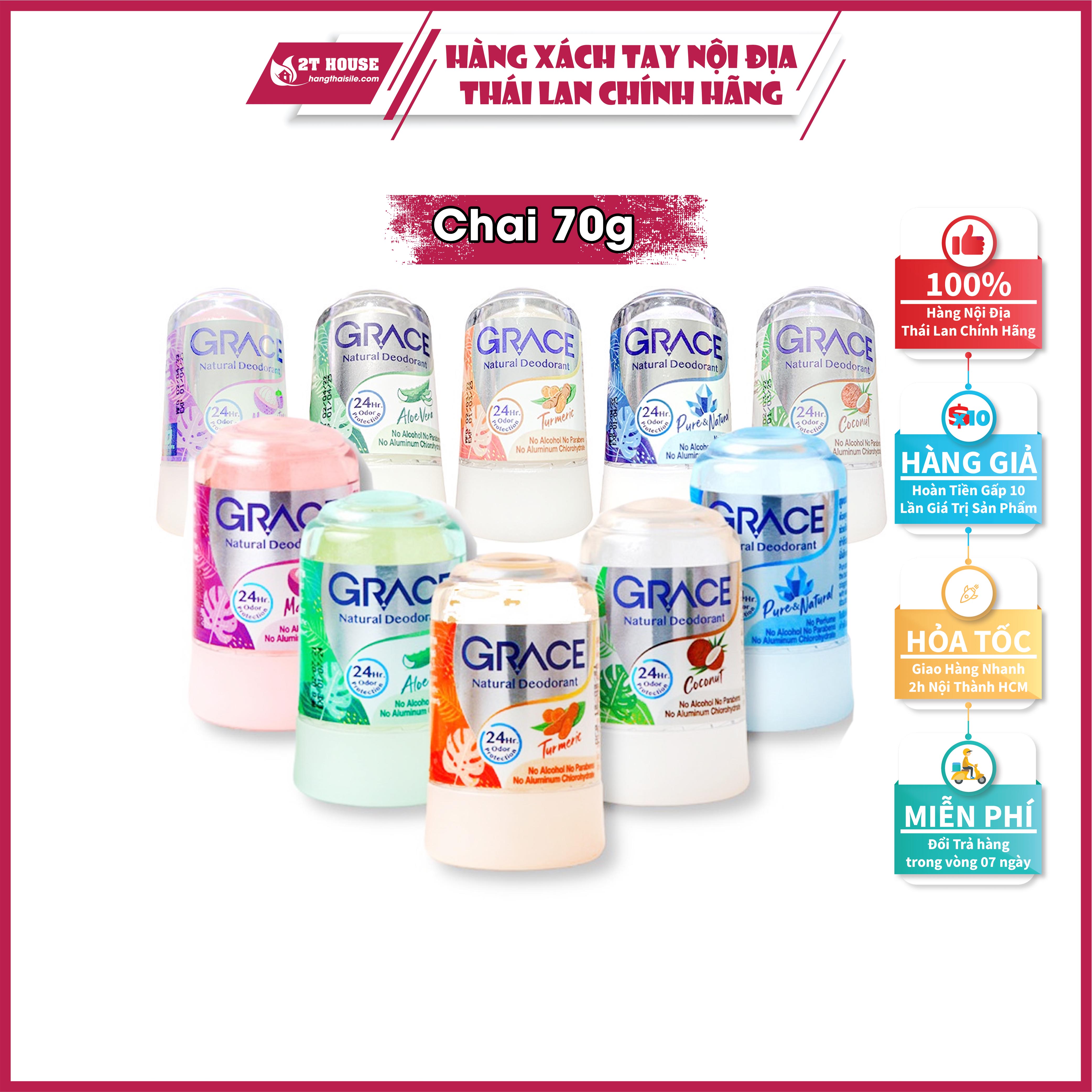 Lăn nách khử mùi đá khoáng hương tự nhiên/nha đam/măng cụt/dừa/nghệ Natural Deodorant Grace Thái Lan chai 70g 2T House Shop Hàng Thái Lan Nội Địa Chính Hãng
