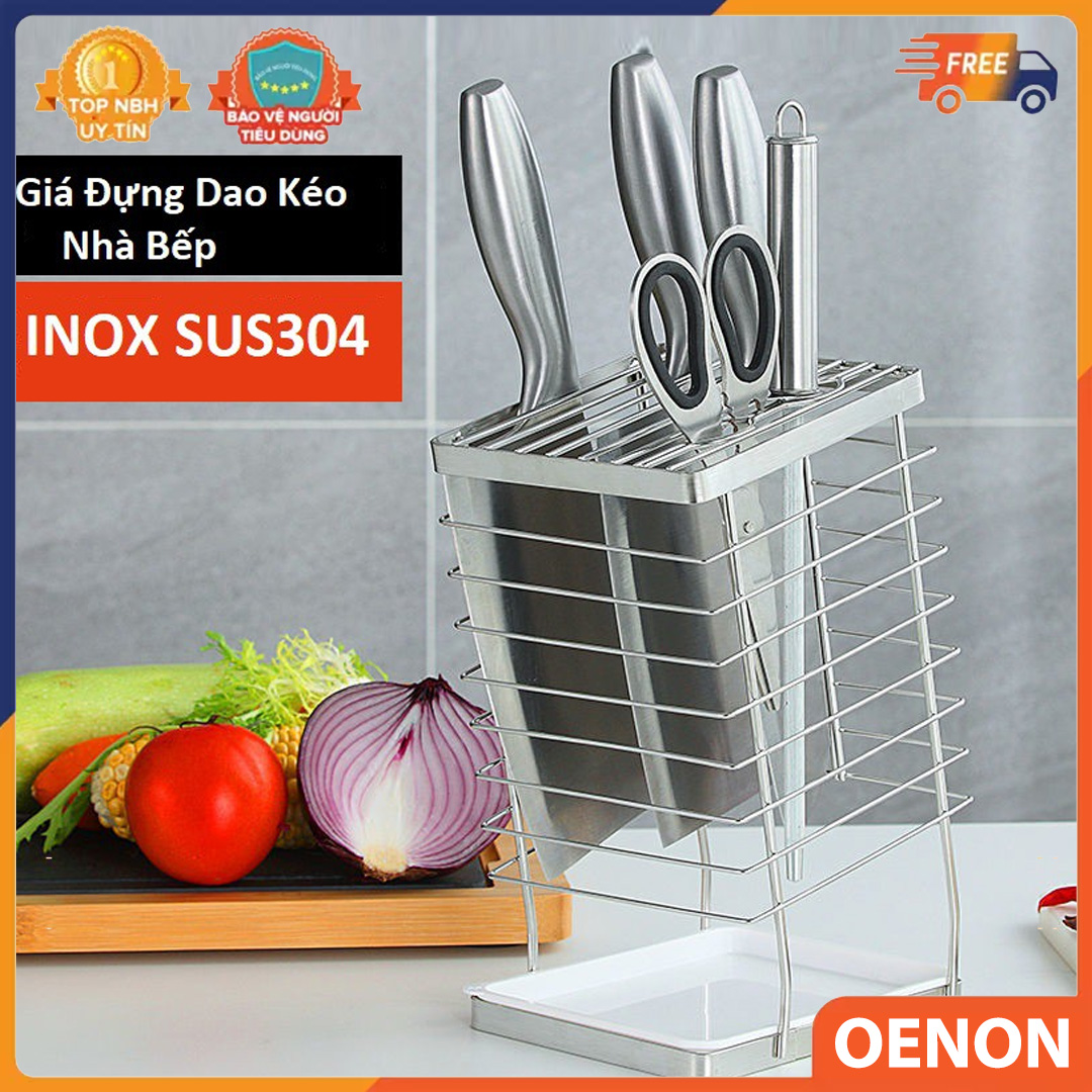 Giá Để Dao Kéo Nhà Bếp INOX SUS304 - Ống Cắm Dao Kéo INOX Có Khay Chứa Nước
