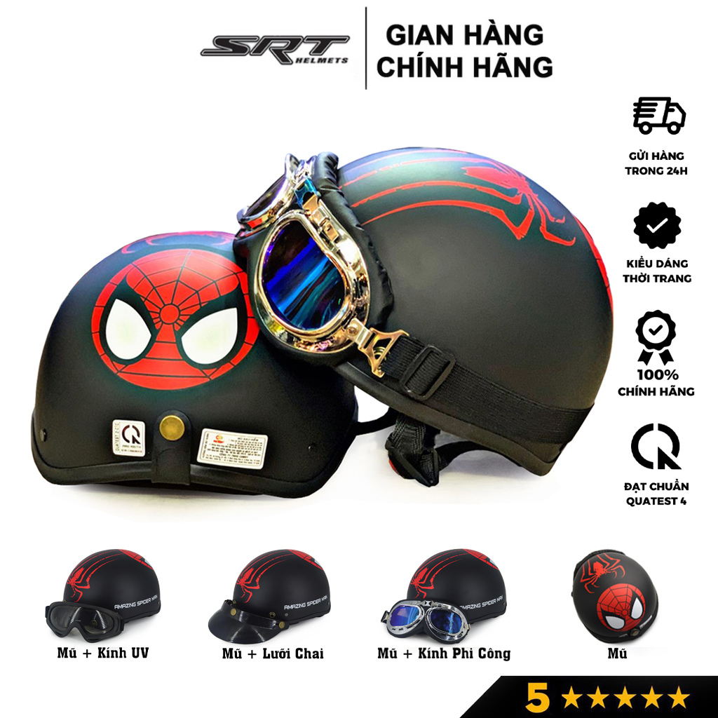 Mũ bảo hiểm thời trang 1/2 SRT HELMETS, tem hình người nhện thân thiện, kèm kính phi công, kính uv