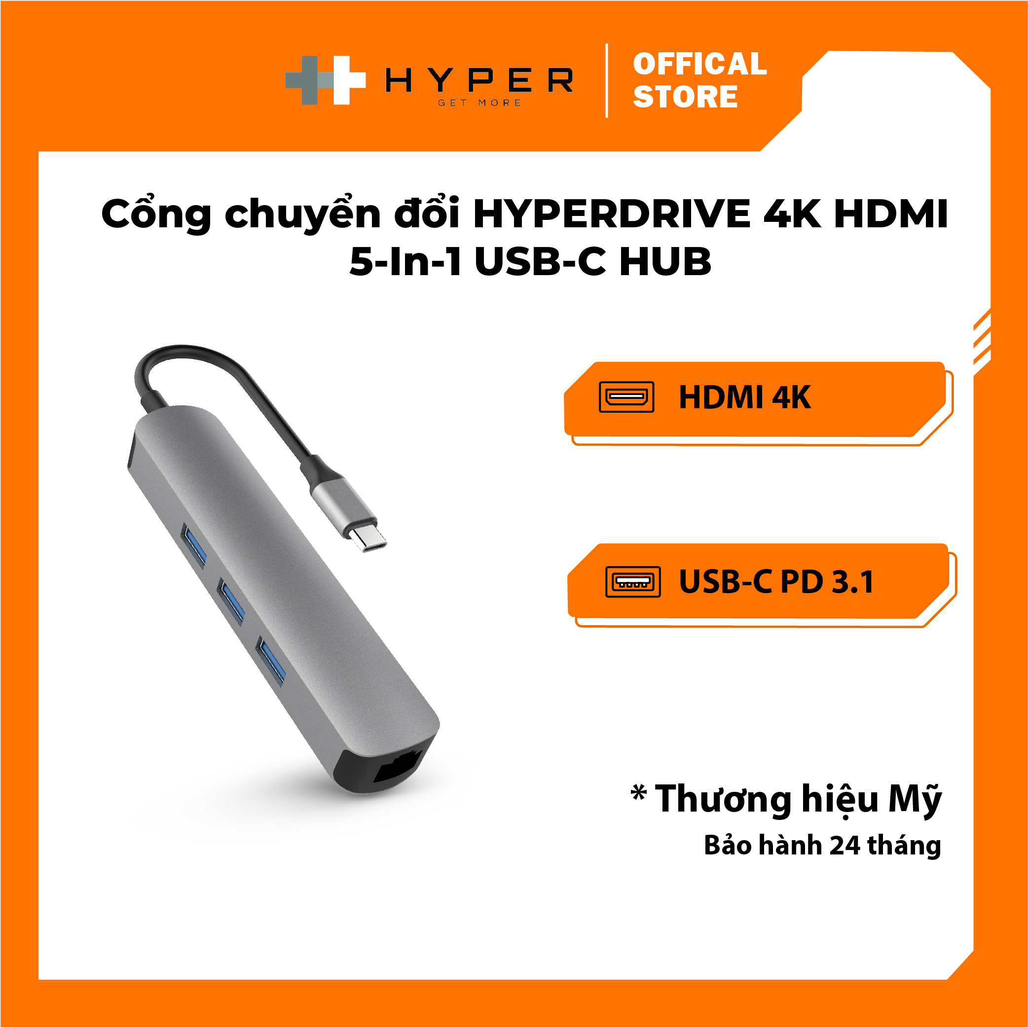 Cổng chuyển hyperdrive 4k hdmi 6-in-1 usb-c hub for macbook, surface, ultrabook, chromebook, pc & usb-c devices - hd233b