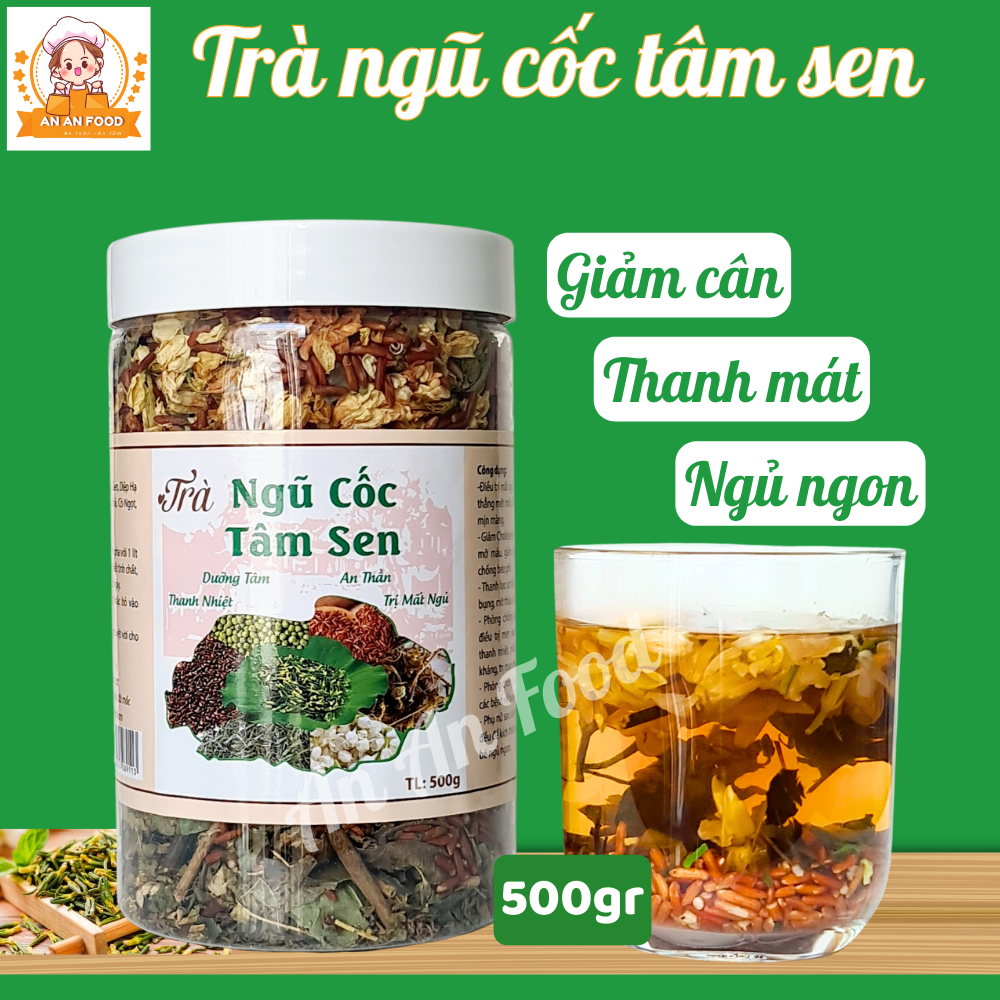 Trà ngũ cốc tâm sen giảm cân, an thần, ngủ ngon 500gram An An Food- Trà thơm hoa nhài, có hậu ngọt - Tốt cho người tim mạch, tiểu đường, mất ngủ - Giảm cân, chống béo phì - Trà hoa, gạo lứt huyết rồng, đậu đen, tâm sen,...