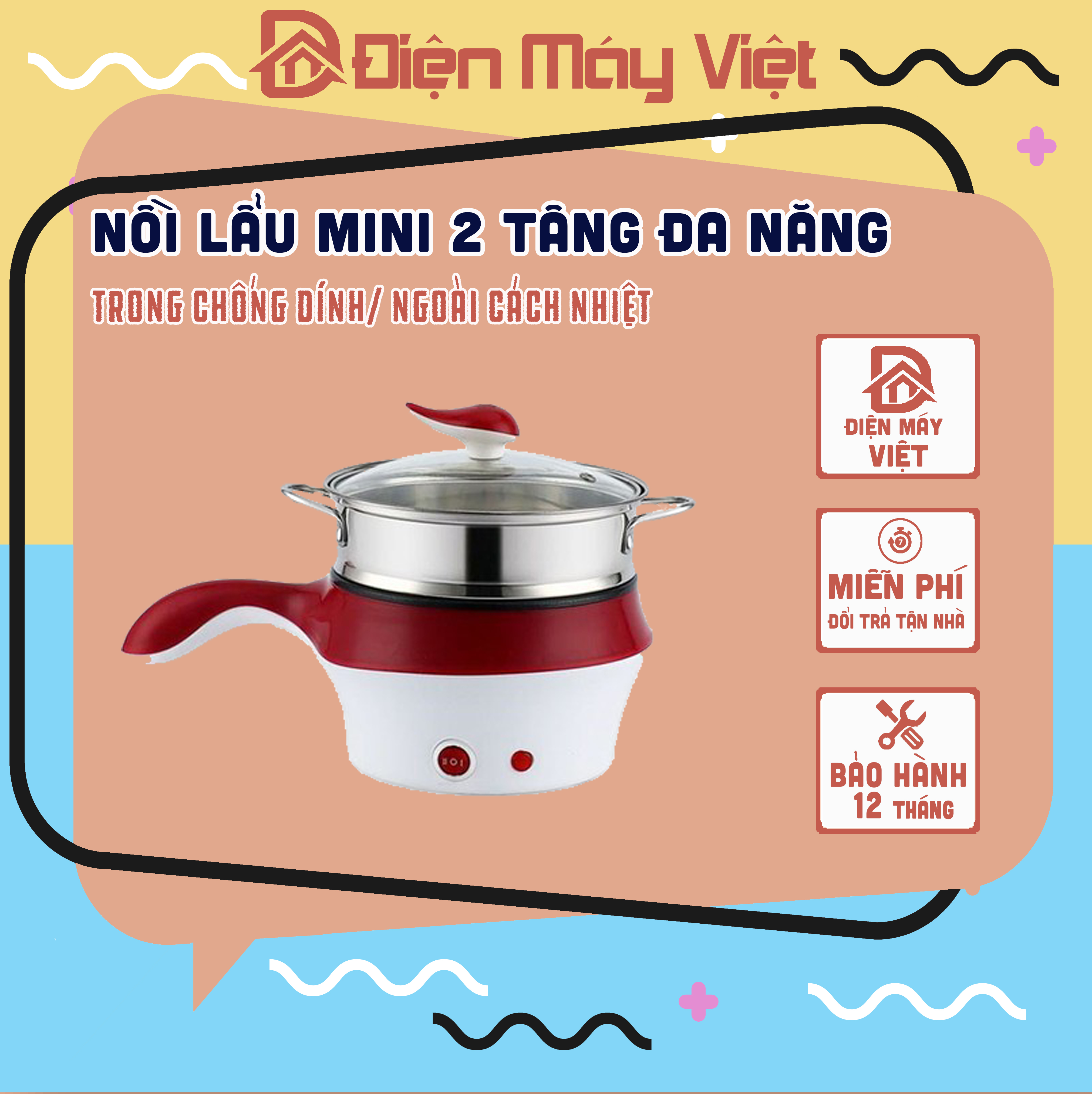 [Hàng Loại 1] Nồi Điện Mini Hai Tầng Đa Năng Tặng Kèm Khay Hấp có thể Chiên, Xào, Nấu ăn, nấu cơm, nấu lẩu mini