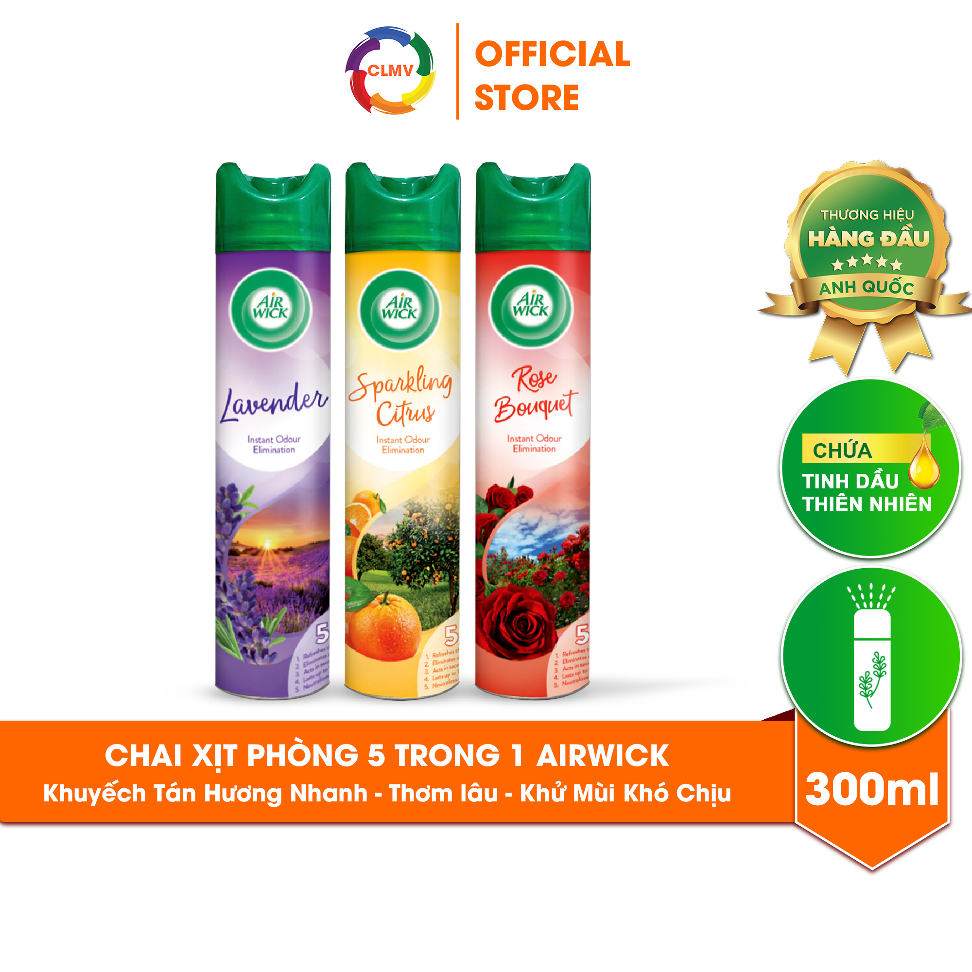 Bình xịt thơm phòng Air Wick, công thức độc đáo khử mùi khó chịu, họng xịt hướng lên khuếch tan nhanh, 300ml