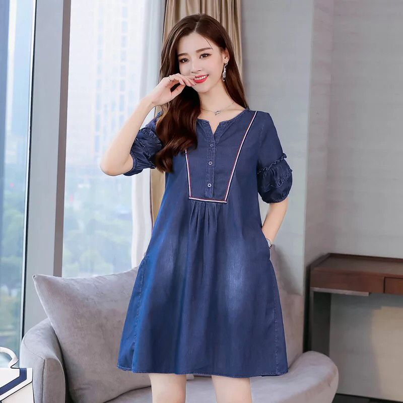 Đầm jean suông chữ A phối viền cổ