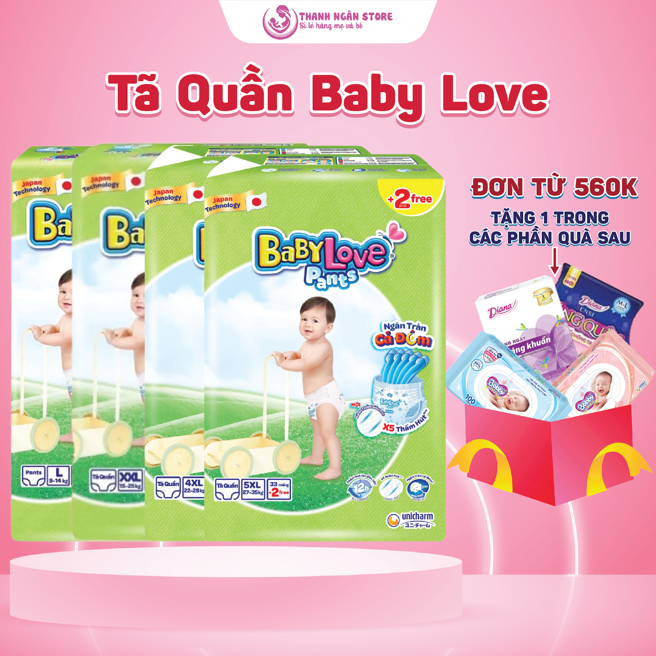  Tã Quần Baby Love Pants Mềm Mại Thoáng Khí Thấm Hút Vượt Trội Đủ Size Cho Bé Từ 6Kg Đến 30 Kg - Kho Bỉm Thanh Ngân 