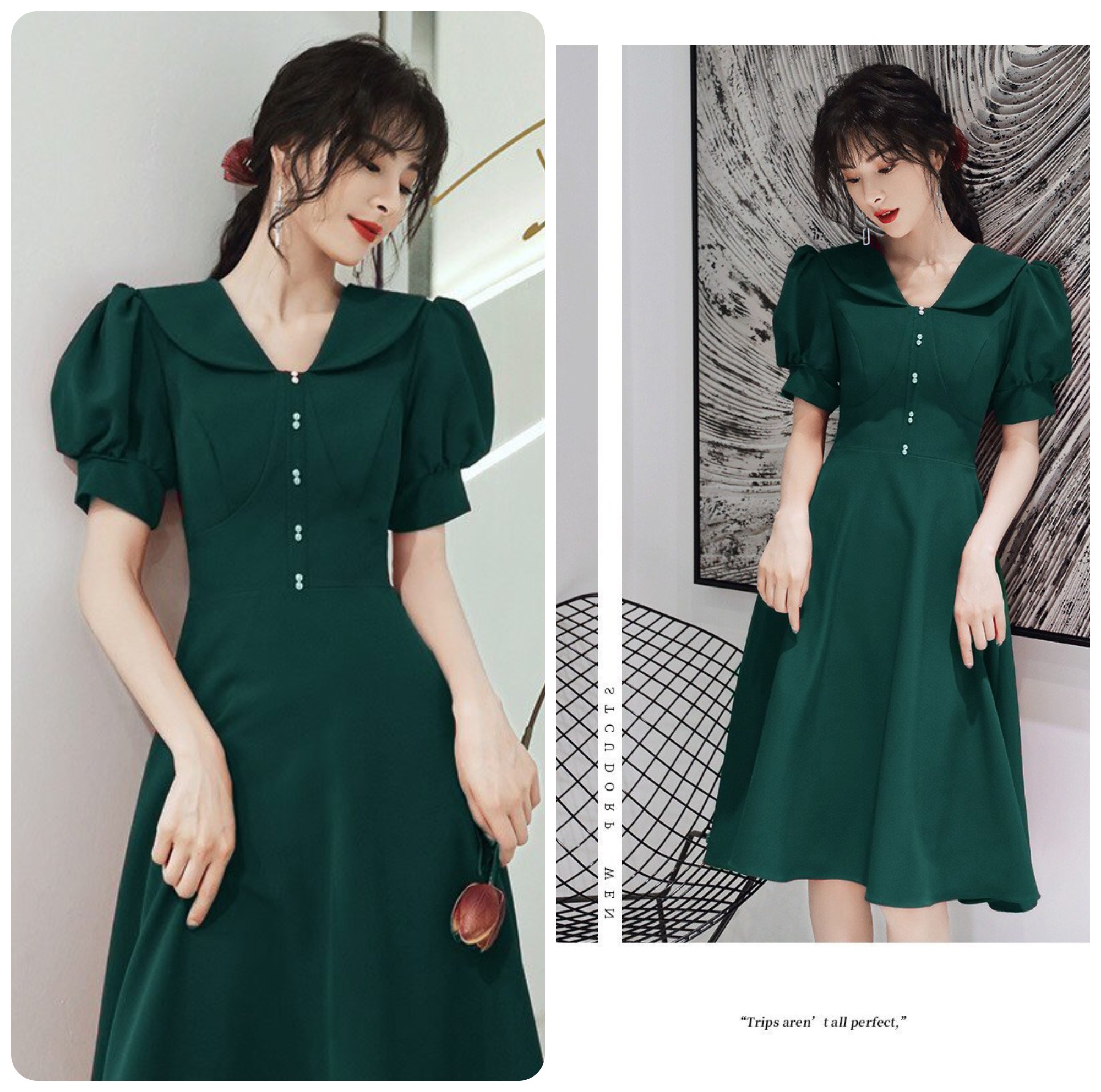 Đầm xoè cổ sen nút đôi tay phồng