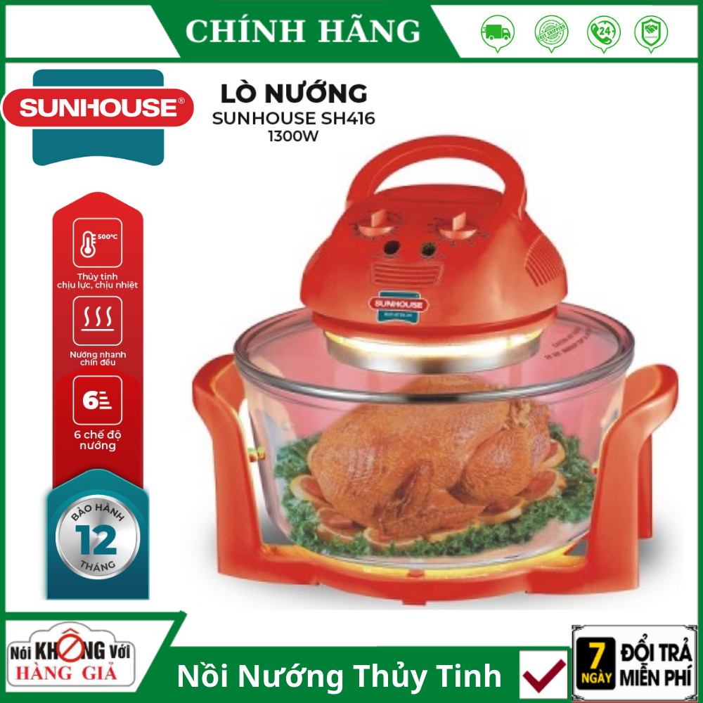 (Bảo Hành 12 Tháng) Lò Nướng Điện Đa Năng Sunhouse SH416 - Dung Tích 12L , Kính thủy tinh chịu nhiệt trong suốt sang trọng, tinh tế - Nồi Nướng Thủy Tinh , Nồi Nướng Gà , Lò Nướng Mini , Lò Nướng Bánh , Lò Nướng Thủy Tinh