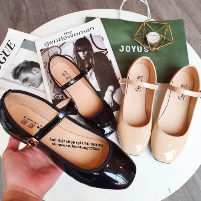 Giày búp bê nữ đế bệt Mary Janes đen/be quai ngang da bóng mềm mới hot nhẹ nhàng mũi vuông xinh đẹp đơn giản