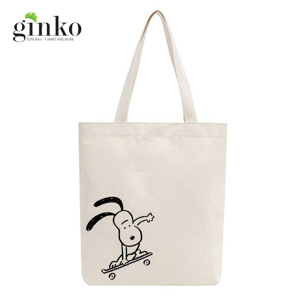 Túi tote vải mộc GINKO dây kéo in hình Snoopy and Friends (Nhiều Mẫu)
