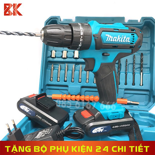 Máy khoan pin 24v – tặng phụ kiện 24 chi tiết – khoan bắt vít khoan bê tông – pin 5 cell
