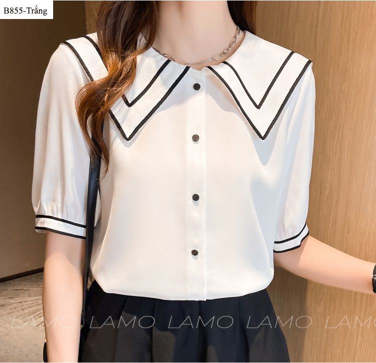 Áo sơ mi nữ đũi phối viền cổ - b855
