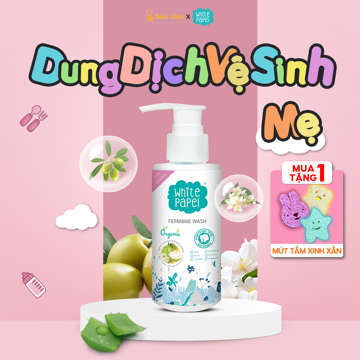 Dung dịch vệ sinh phụ nữ white papel, lành tính dịu nhẹ, 100% hữu cơ tự nhiên, sản phẩm nhập khẩu trực tiếp