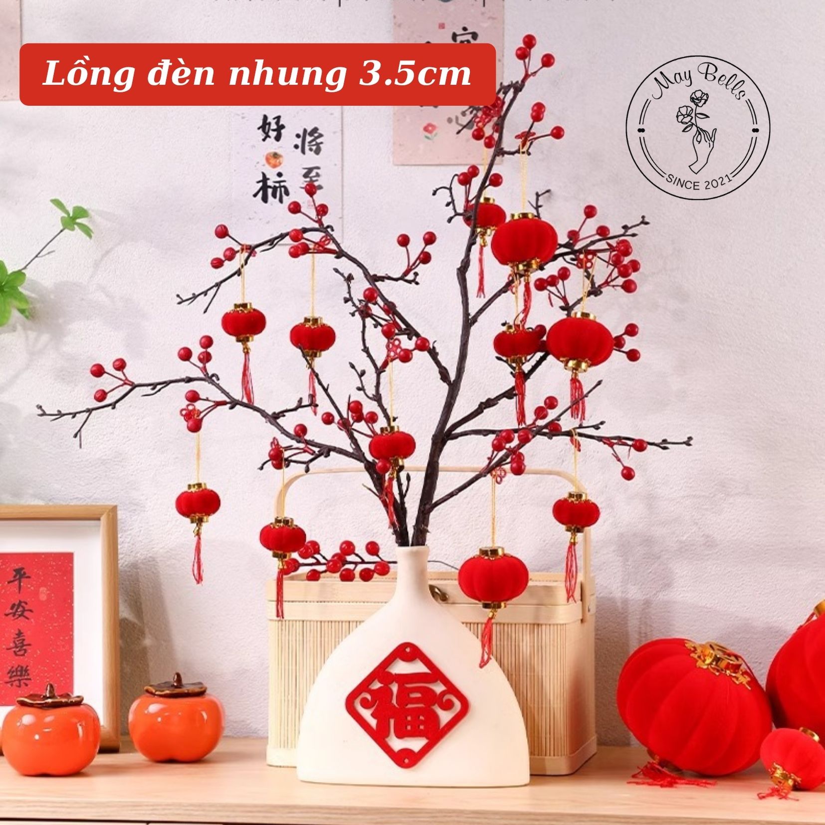 Lồng Đèn Nhung Đỏ 3.5cm Trái Bí Treo Tết Trang Trí Cây Mai Đào, Decor Nhà Cửa Tết Đỏ May Mắn Tài Lộc