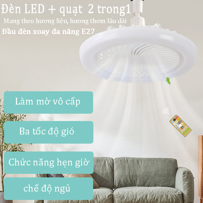 Đèn chùm LED quạt hương liệu đèn led âm trần ánh sáng 3 tông màu và tốc độ gió 3 cấp độ có điều khiển từ xa xoay 360