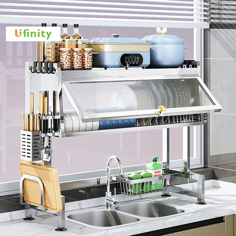 Lifinity kệ để chén đĩa inox có nắp đậy thông minh trên bồn rửa bát, kệ tủ nhà bếp 2 tầng