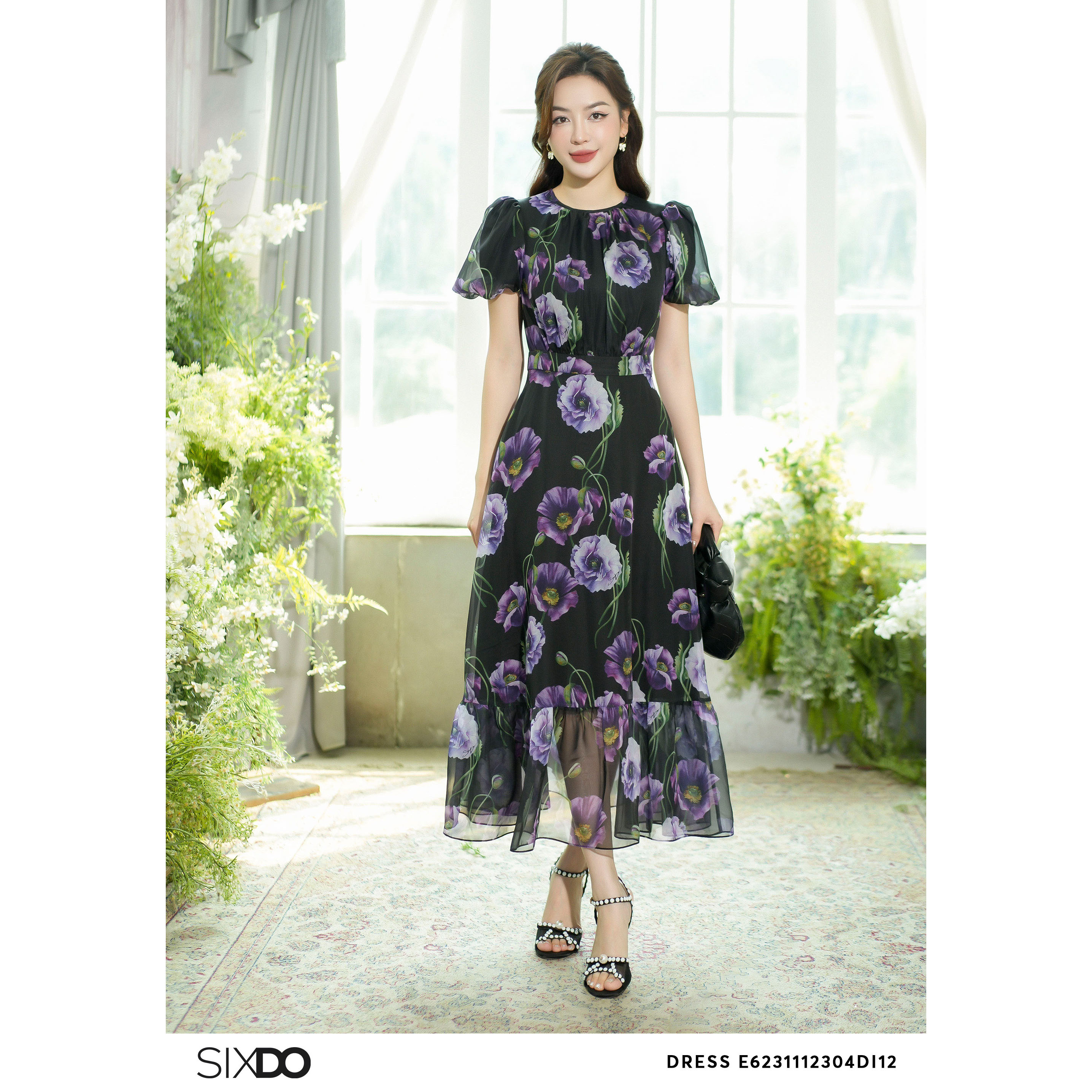 Đầm tơ organza tay phồng SIXDO (Print Organza Midi Dress)