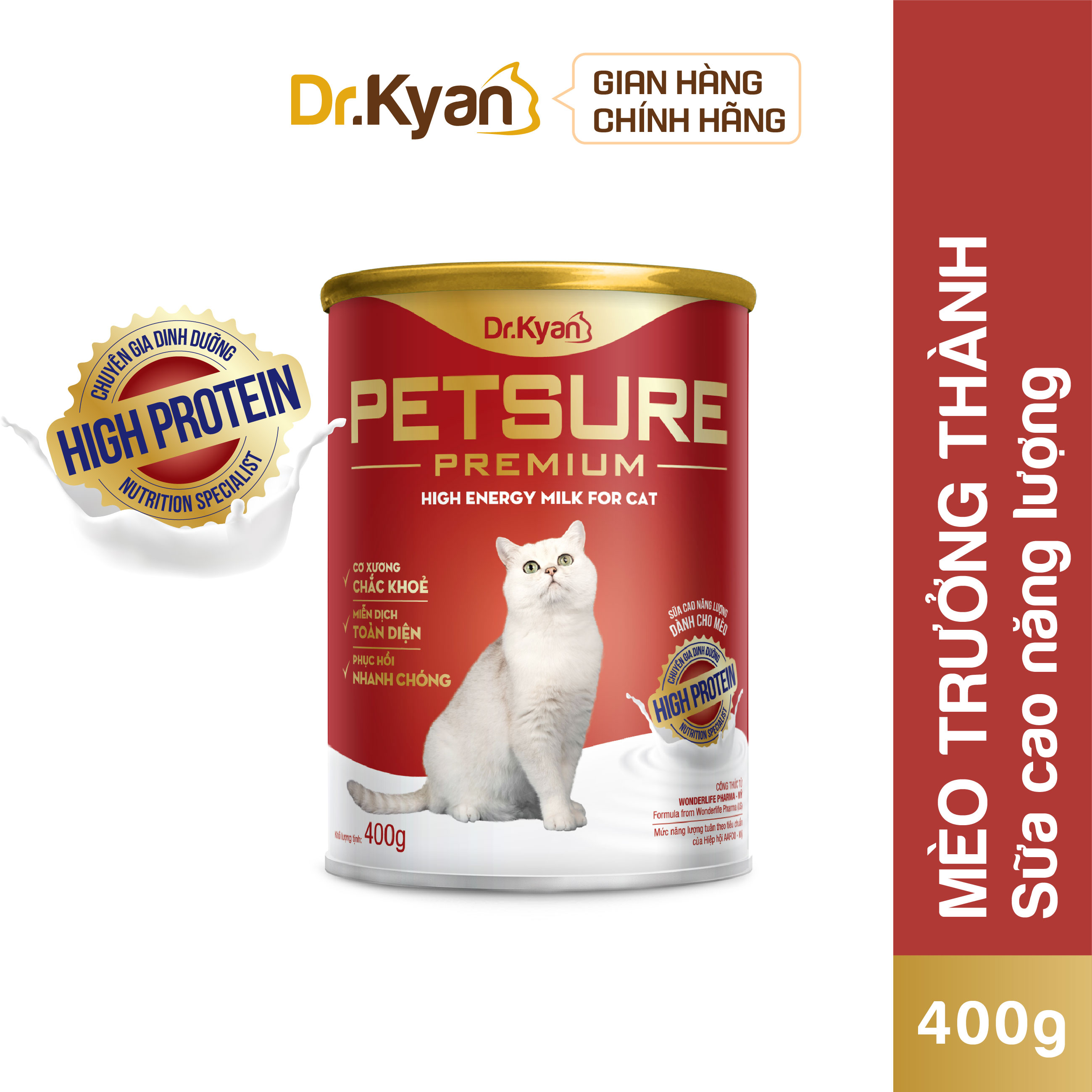 Dr.kyan - sữa bột petsure - cao năng lượng cho mèo lon 400g