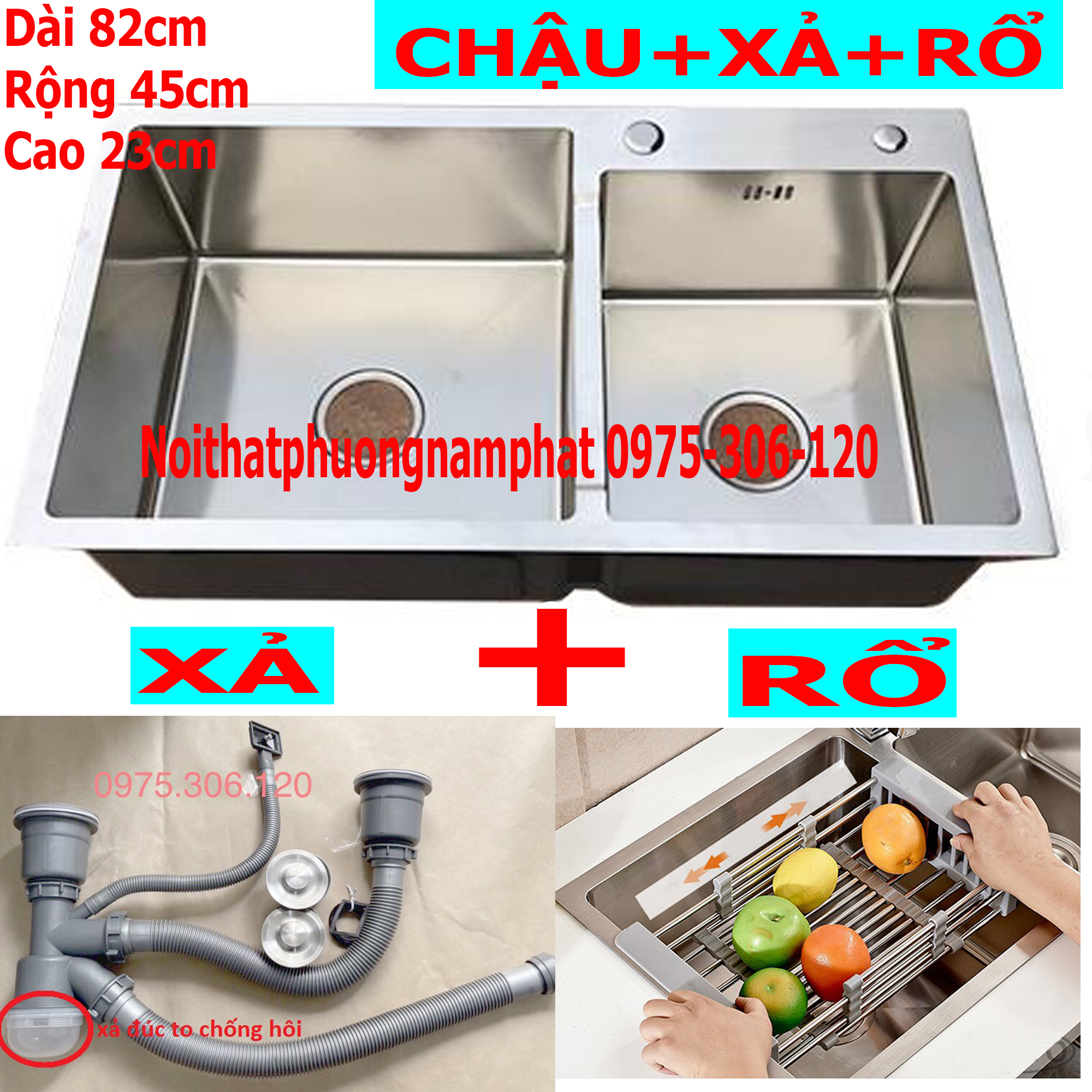 [HCM][CHẬU ĐÚC] Combo Chậu Rửa Chén Bát INOX 304 N7 8245 NA.GRAND và Xả Chậu và Rổ Rút Đa Năng Để Trái Cây