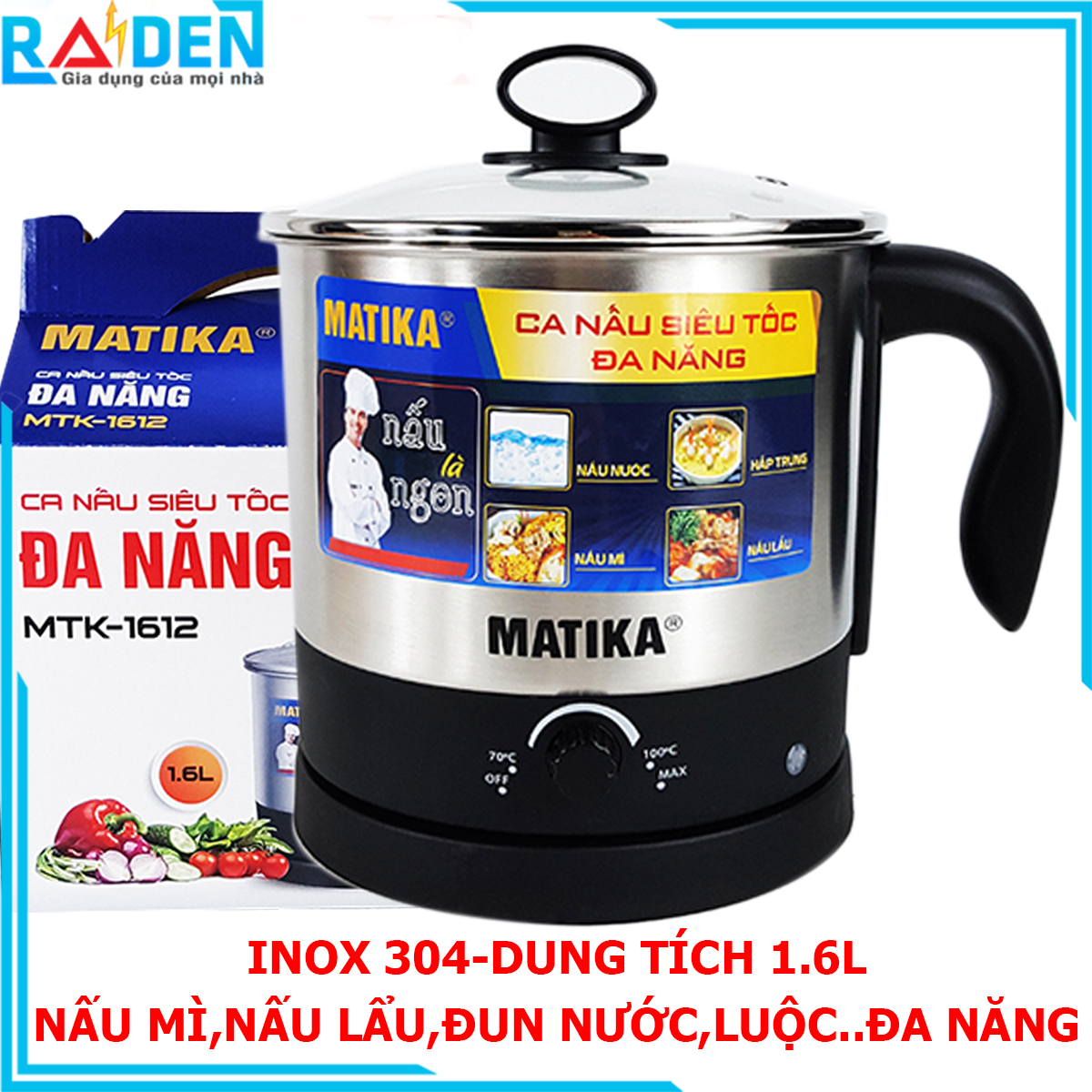 Ca Nấu Đa Năng 1.6L Inox 304 MATIKA MTK-1612 Công Suất 600W - Nồi lẩu mini đa năng ,ấm đun nước nồi lẩu điện ca nấu mì,nấu nước,nấu lẩu luộc trứng nấu canh kho cáđa chức năng