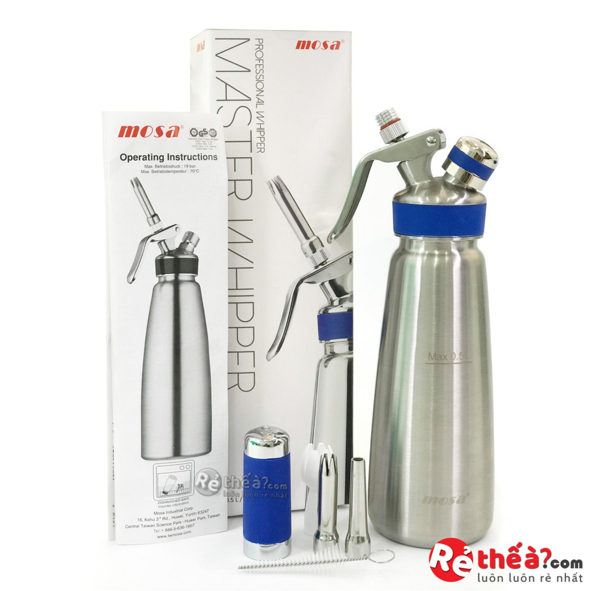 Bình xịt kem tươi inox MOSA 0.5L - Hàng TAIWAN - Xịn hơn bình xịt kem ISI - Tặng kèm ca đong 500ml