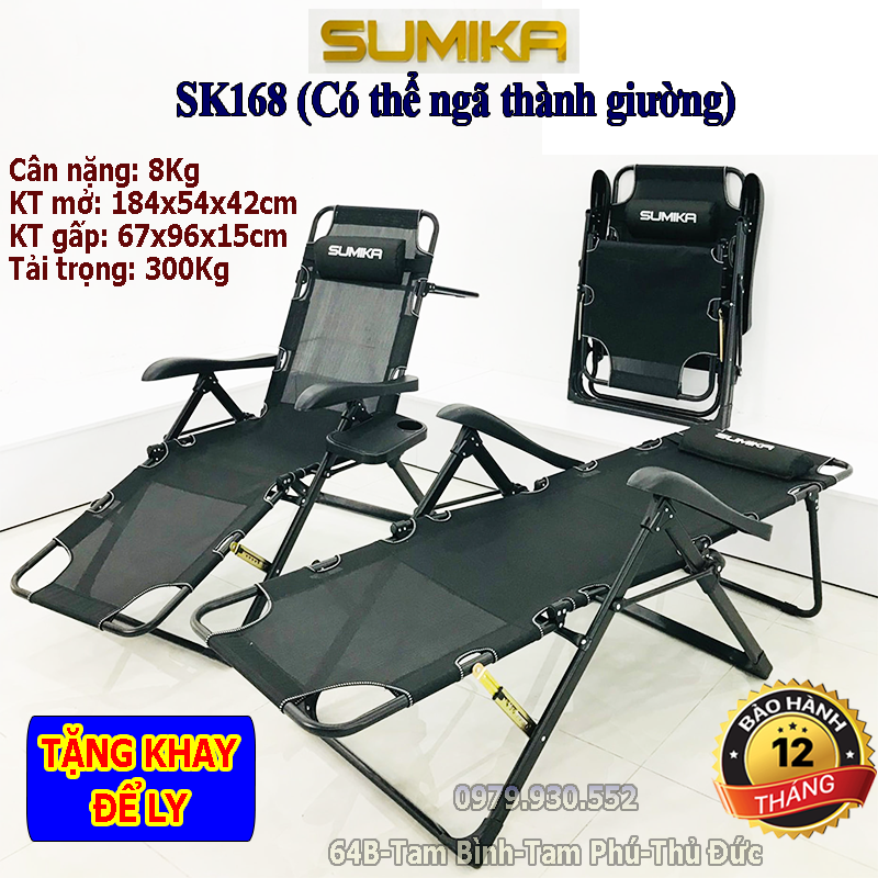 Ghế xếp thư giãn Sumika 168 (Có thể ngã thành giường) (Tặng khay để ly) Tải trọng: 300kg Khung: thép hợp kim sơn tĩnh điện Chất liệu: Vải lưới, không thấm nước, Có thể gấp gọn linh động, tiết kiệm không gian cất giữ.