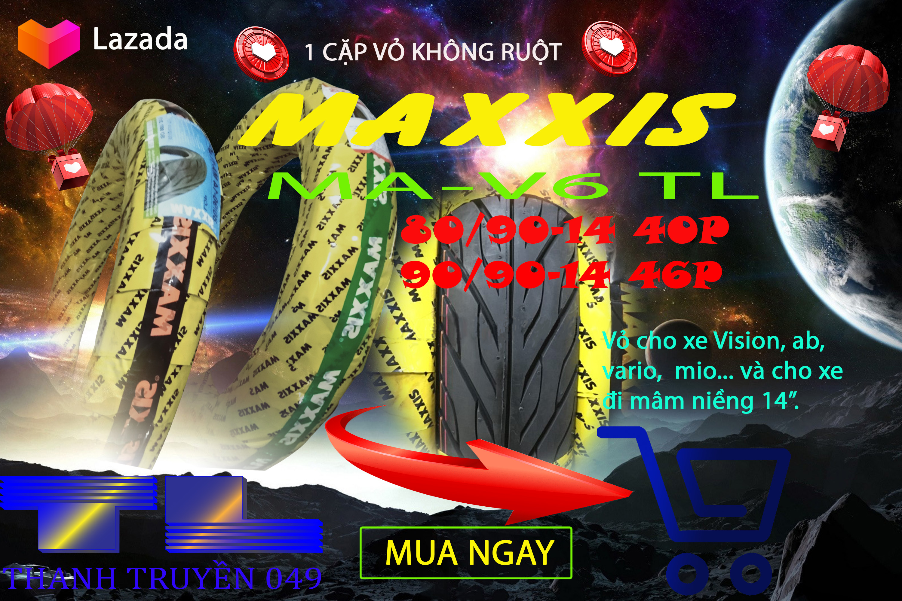 1 Cặp vỏ Maxxis ( 80/90-14 40P và 90/90-14 46P ) MA 6V không  ruột Cho Vario, vision, ab...