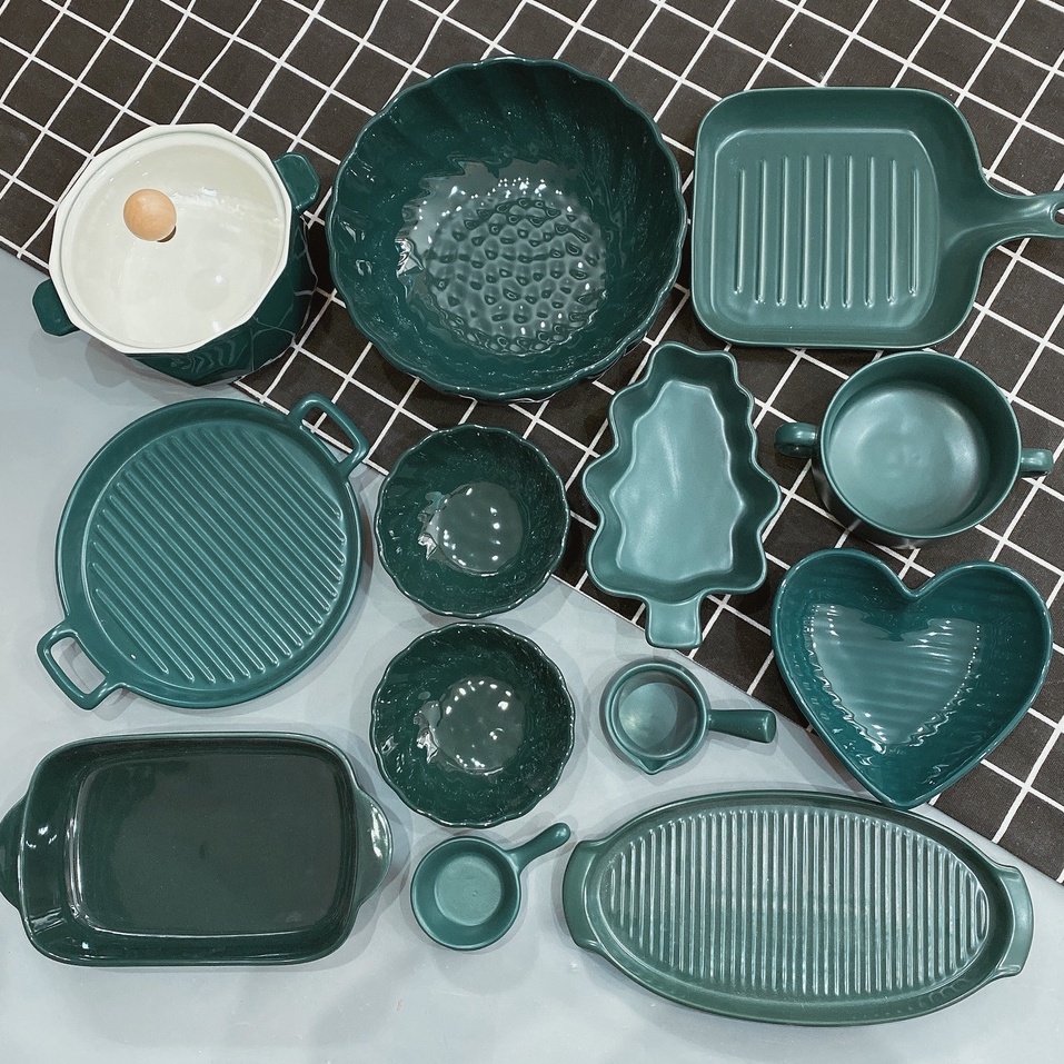 Set bát đĩa chén dĩa sứ xanh cổ vịt bát ăn cơm, decor dễ thương