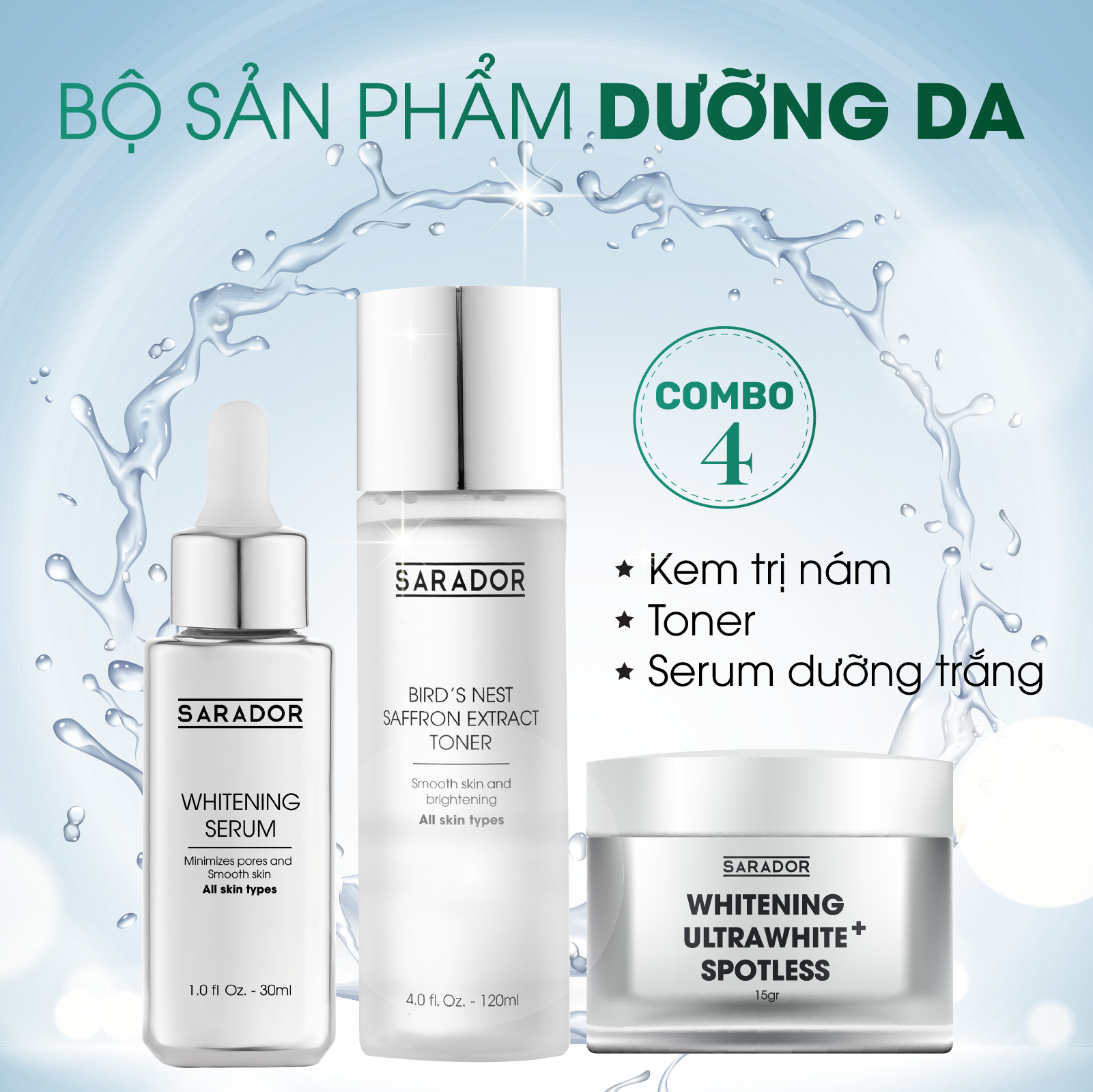 [Freeship] Kem Trị Nám và Siêu Dưỡng Tone(Nước Hoa Hồng) Serum(Huyết Thanh) Dưỡng Trắng Tái Tạo Da SARADOR Làm Sạch Sâu, Phục Hồi, Tái Tạo Collagen, Mờ Thâm Nám, Tàn Nhang, Sáng Đều Màu Da