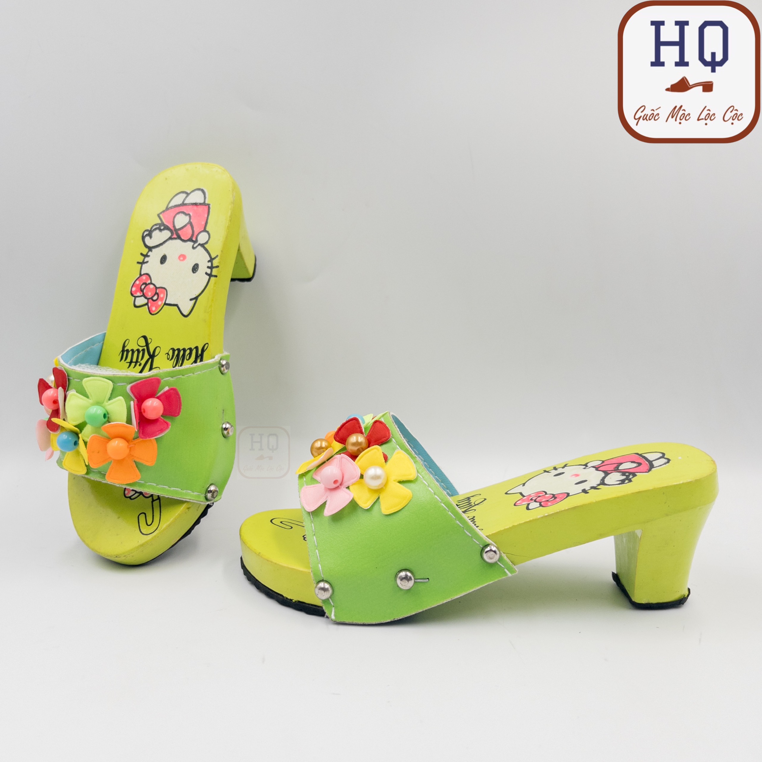 (Màu ngẫu nhiên) Guốc bé gái, dép cao gót gỗ Mèo con guốc mộc quai kết hoa mặc áo dài bà ba diễn văn nghệ
