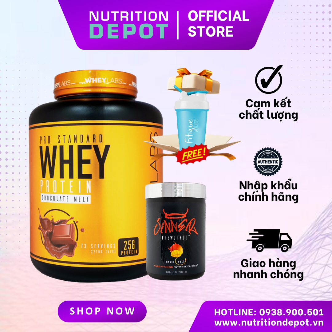 Combo tiết kiệm - wheylabs pro standard whey protein 5lbs + sinner preworkout - tặng 1 wheylabs shaker - nutrition depot vietnam