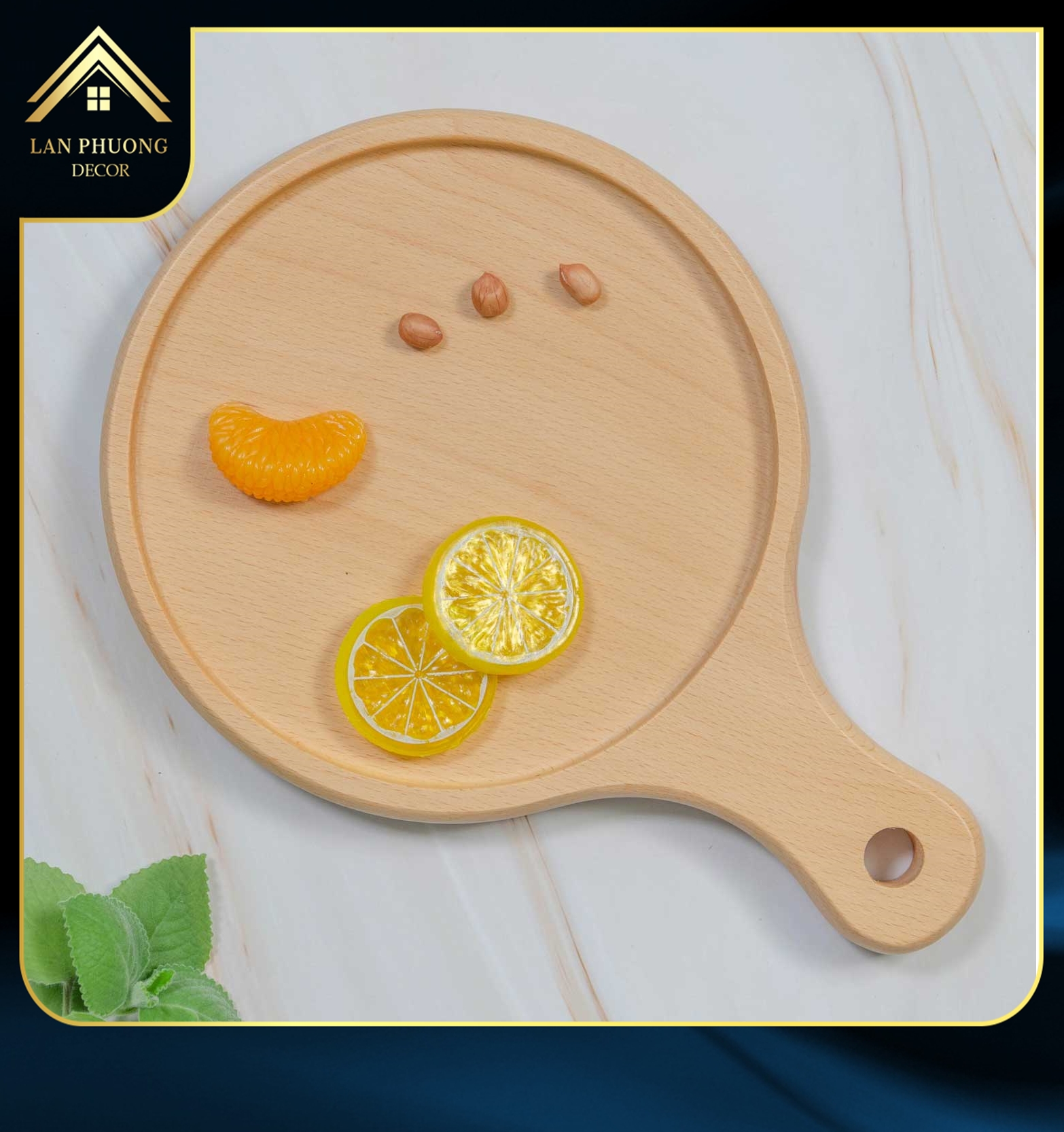 Khay gỗ tròn decor có tay cầm, khay pizza chất liệu gỗ tự nhiên