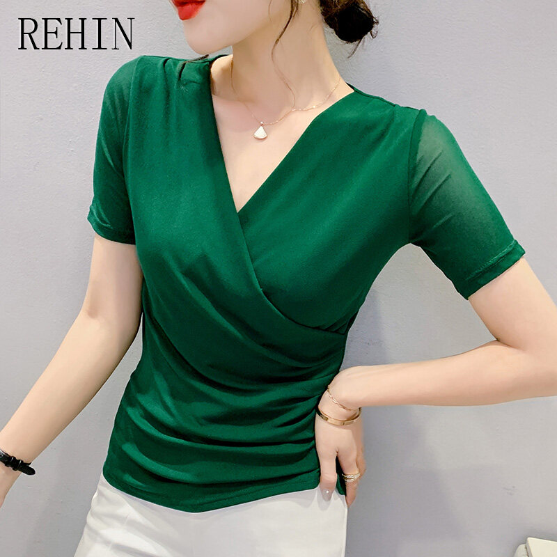 ǒREHIN Áo Nữ Mùa Hè Mới Cổ Chữ V Tay Ngắn Bộ Áo Phông Áo Lưới Thập Tự Mỏng Lt Trong Ôm Vừa S-3XL