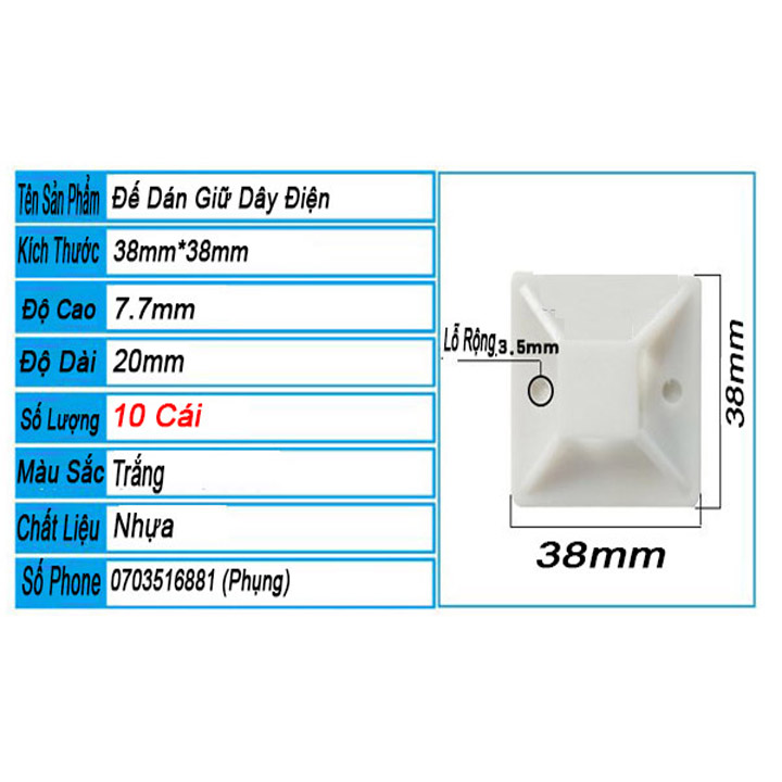 Đế miếng dán dây rút, dây thít - 38x38mm - 10 cái