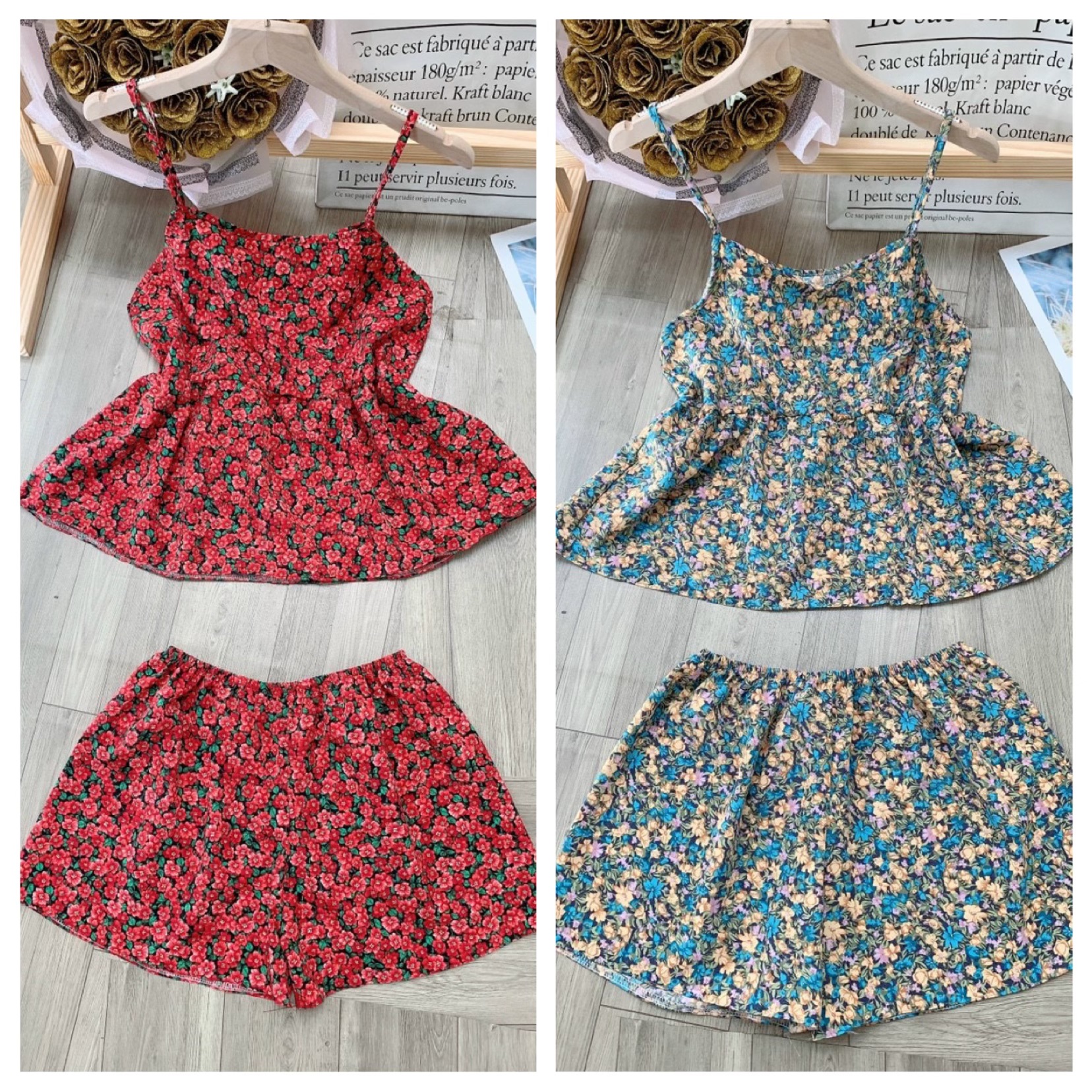 Set bộ đồ ngủ hai dây hoa nhí thoáng mát dễ thương - ảnh thật