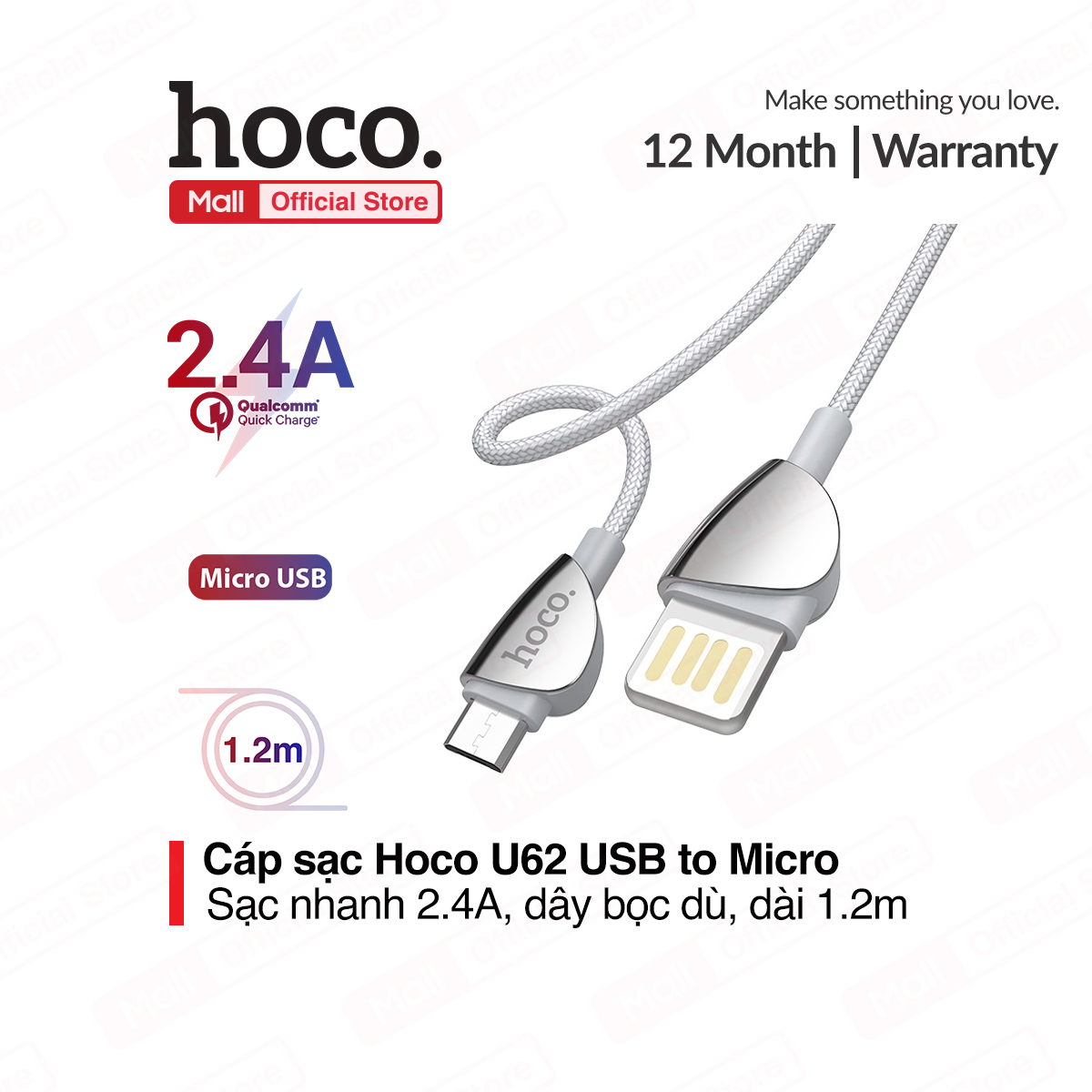 Cáp sạc Micro USB Hoco U62 dành cho điện thoại android sạc nhanh 2.4A MAX dây sạc bọc dù chống rối chống đứt dài 120cm tương thích với nhiều thiết bị