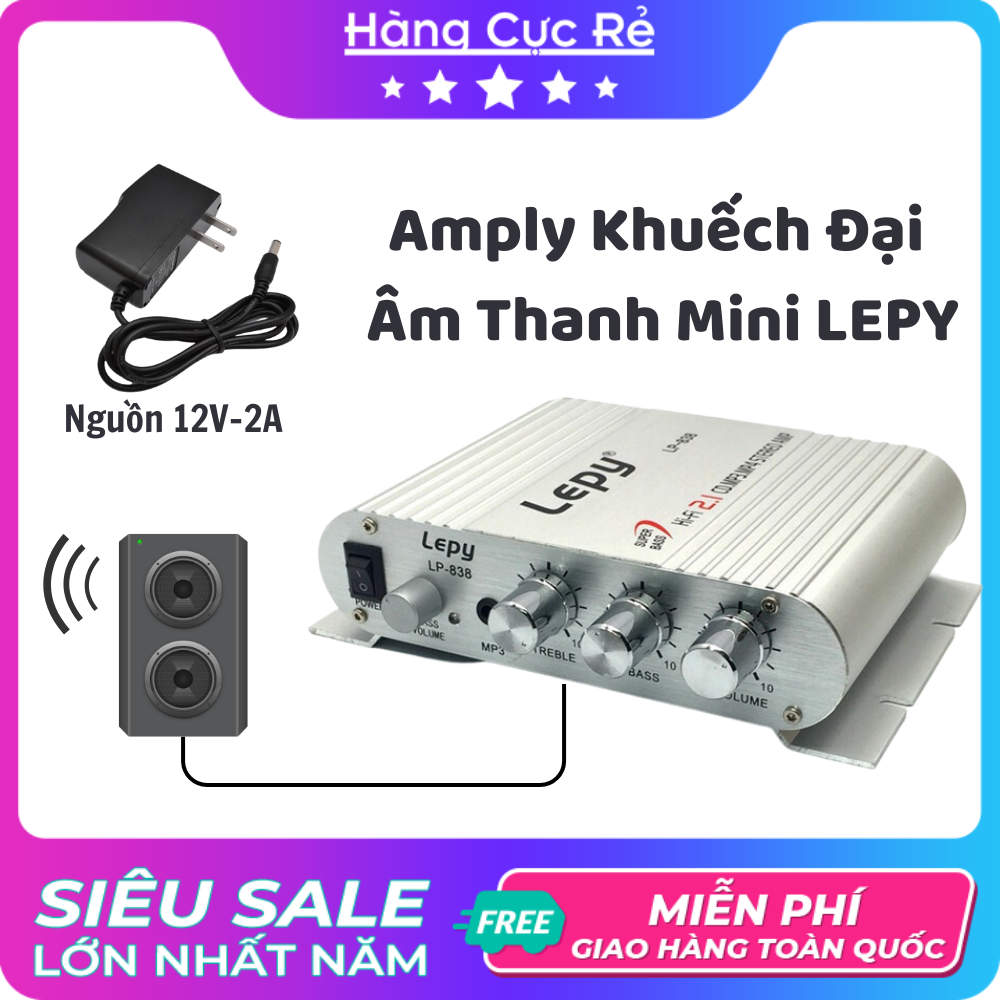 Amply khuếch đại âm thanh mini, bộ âm ly 838 kèm nguồn 2A, có thể kết nối điện thoại, máy tính, MP3, MP4, DVD - HCR Shop