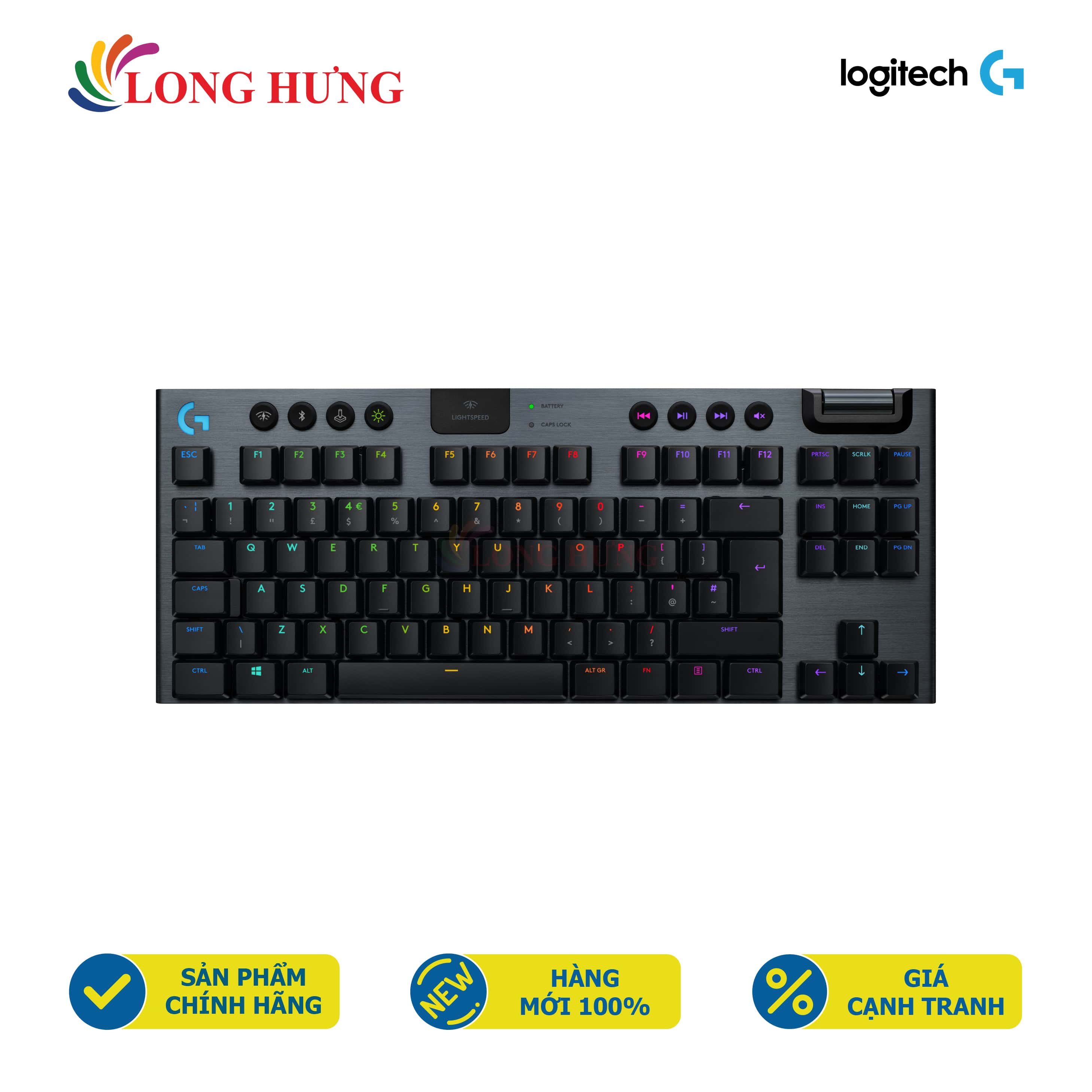 Bàn phím không dây Bluetooth Logitech G913 TKL Lightspeed - Hàng chính hãng - LED 16 triệu màu, độ dài dây đến 1.8m, cảm giác bấm cực tốt