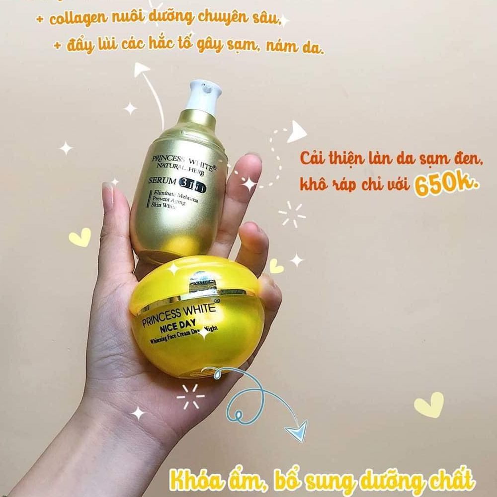 Combo kem dưỡng trắng da mặt nice day + serum 3 in 1 princess white