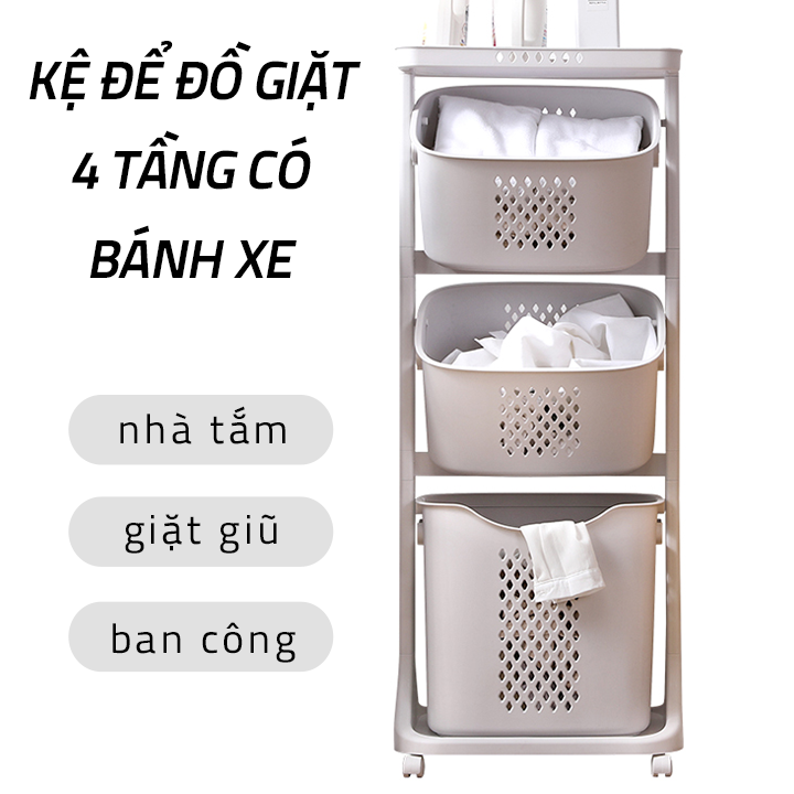 Kệ để đồ và giỏ đựng đồ giặt 4 tầng có bánh xe 5329B, chất liệu nhựa dễ vệ sinh, sọt đựng quần áo bẩn, giỏ đựng quần áo giặt ủi, kệ đựng đồ nhà tắm, kệ đựng đồ tiệm salon