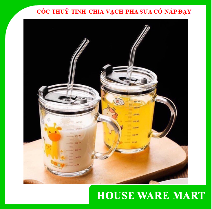 [SIÊU SALE ] Cốc thủy tinh pha sữa chia vạch-Gigamart, có nắp đậy, tặng kèm ống hút silicon đi kèm
