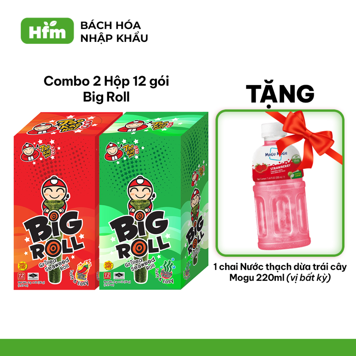 [MUA 2 HỘP x 12 GÓI TẶNG 1 CHAI MOGU 220ML] Snack Rong Biển TaoKaeNoi BIG ROLL 3G 12 Gói/Hộp Ăn Vặt Nhập Khẩu Thái Lan Chính Hãng Giòn Tan Nhiều Vị Lựa Chọn