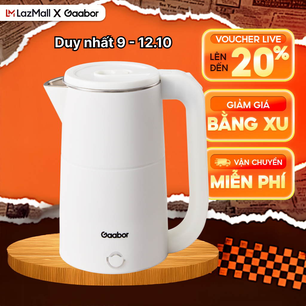 FLASH SALE Ấm siêu tốc Gaabor EK20M-WH02A dung tích 2L lòng ấm inox 201 vỏ 2 lớp cách nhiệt an toàn sử dụng - Bảo hành 12 tháng 1 đổi 1