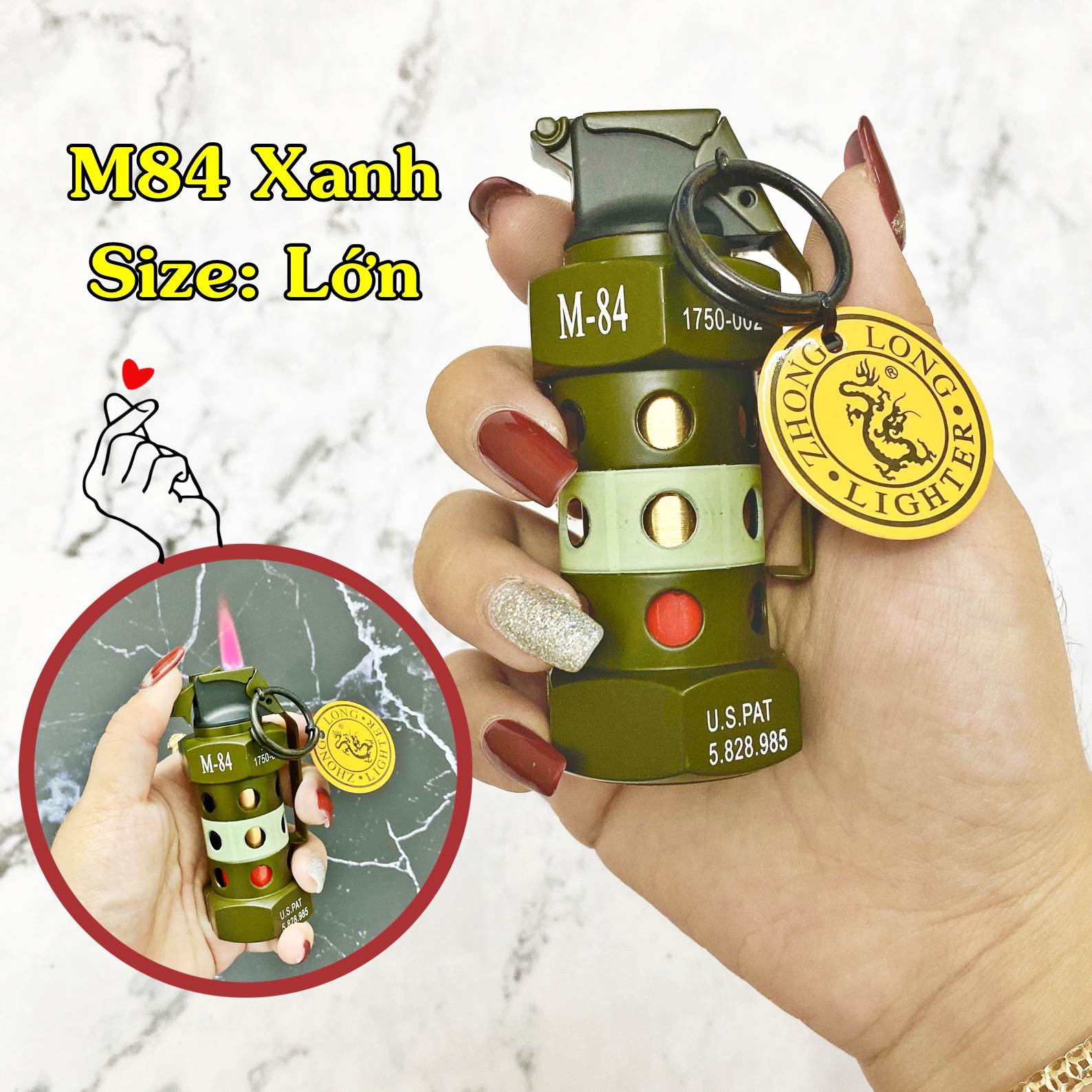 Bật lửa khè - móc khóa hình trái lựu m84 xanh -