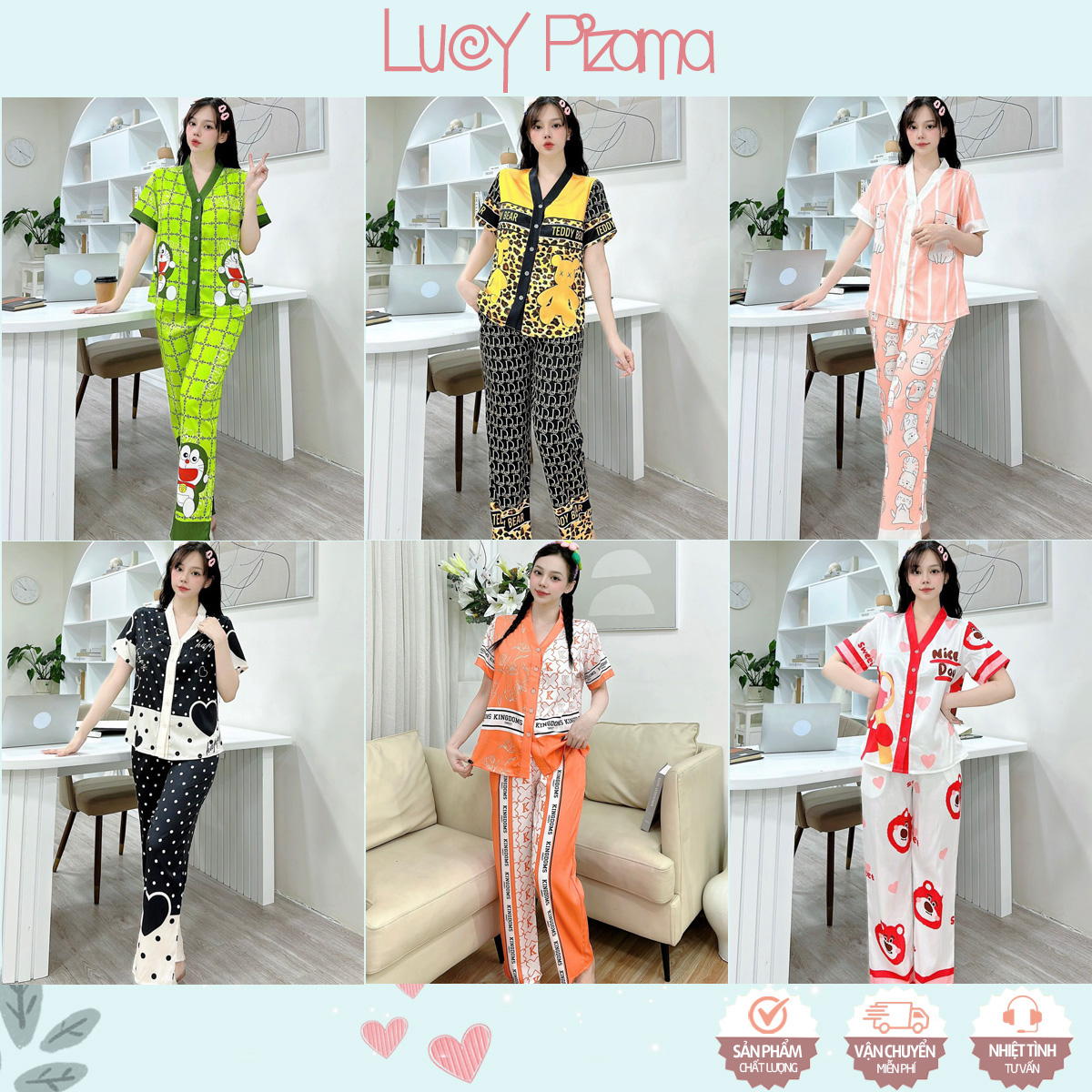 Bộ ngủ cổ V tay ngắn quần dài lụa xước ánh kim mặc nhà sang trọng - Lucy Pizama