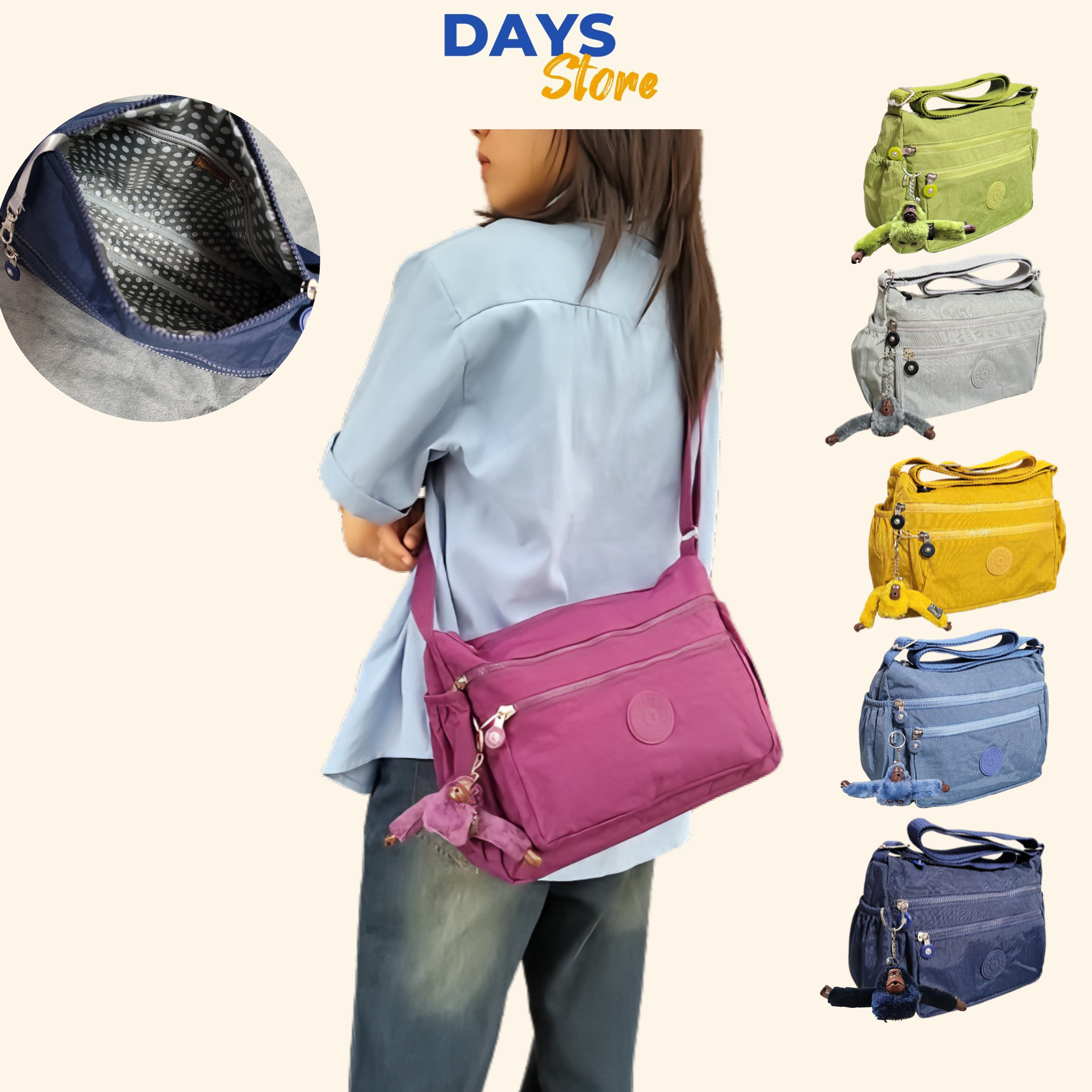 Túi vải nữ đeo chéo kipling mã kl2005, chất liệu vải dù, chống nước, túi có 4 ngăn, kích thước 31x22x11 cm
