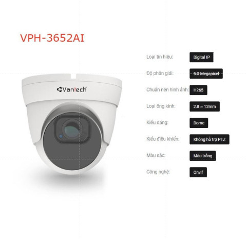 Camera IP AI Dome 5MP Vantech VPH-3652AI - Quan sát thông minh, an toàn mọi lúc mọi nơi